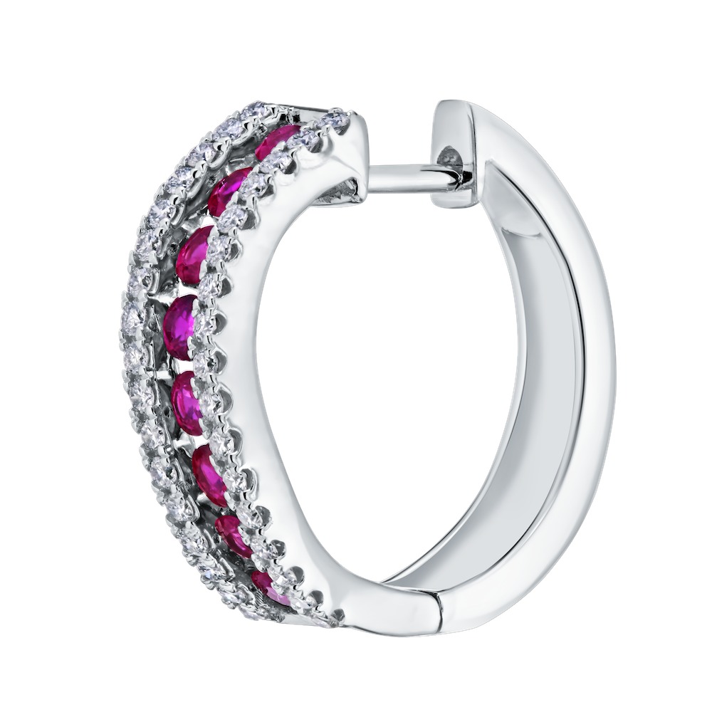 Majestic Gems&trade; 14k White Gold Channel Set Color Pave Rails Slight Curve Hoops Ruby & Diamond 1.25 Ctw