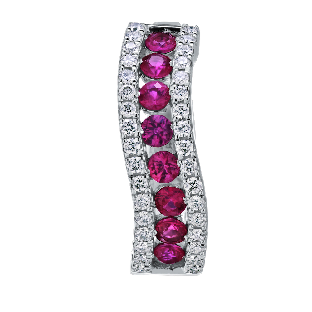 Majestic Gems&trade; 14k White Gold Channel Set Color Pave Rails Slight Curve Hoops Ruby & Diamond 1.25 Ctw