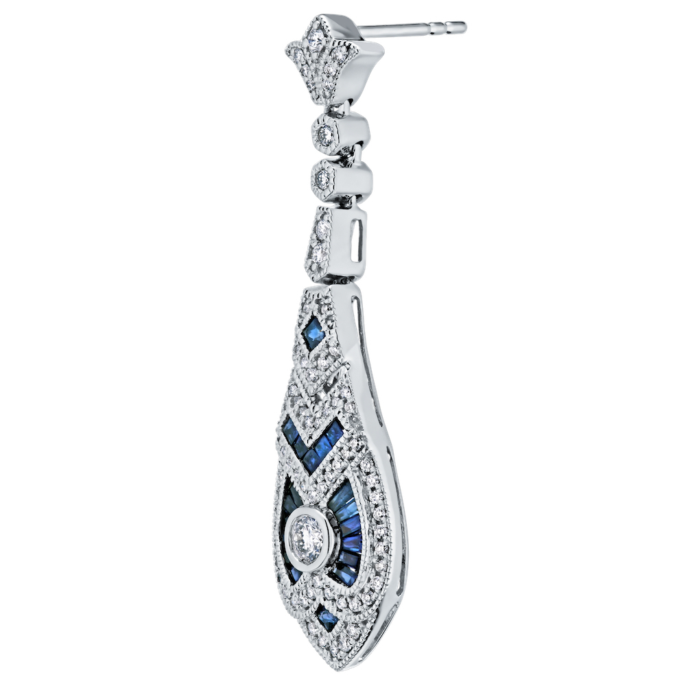 Vintage Treasures&trade; 14k White Gold Tear-Drop Shaped Art Deco Style with Tulip Stud Earrings Diamond & Blue Sapphire 2.00 Ctw