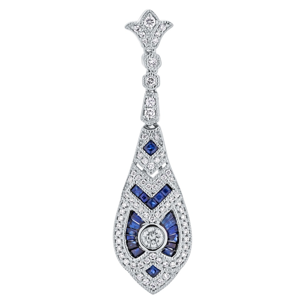 Vintage Treasures&trade; 14k White Gold Tear-Drop Shaped Art Deco Style with Tulip Stud Earrings Diamond & Blue Sapphire 2.00 Ctw