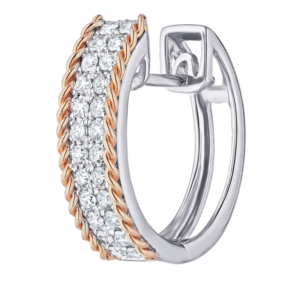 14K Two Tone Earrings Pave Center Twisted Rail Hoop Diamond 0.60 Ctw