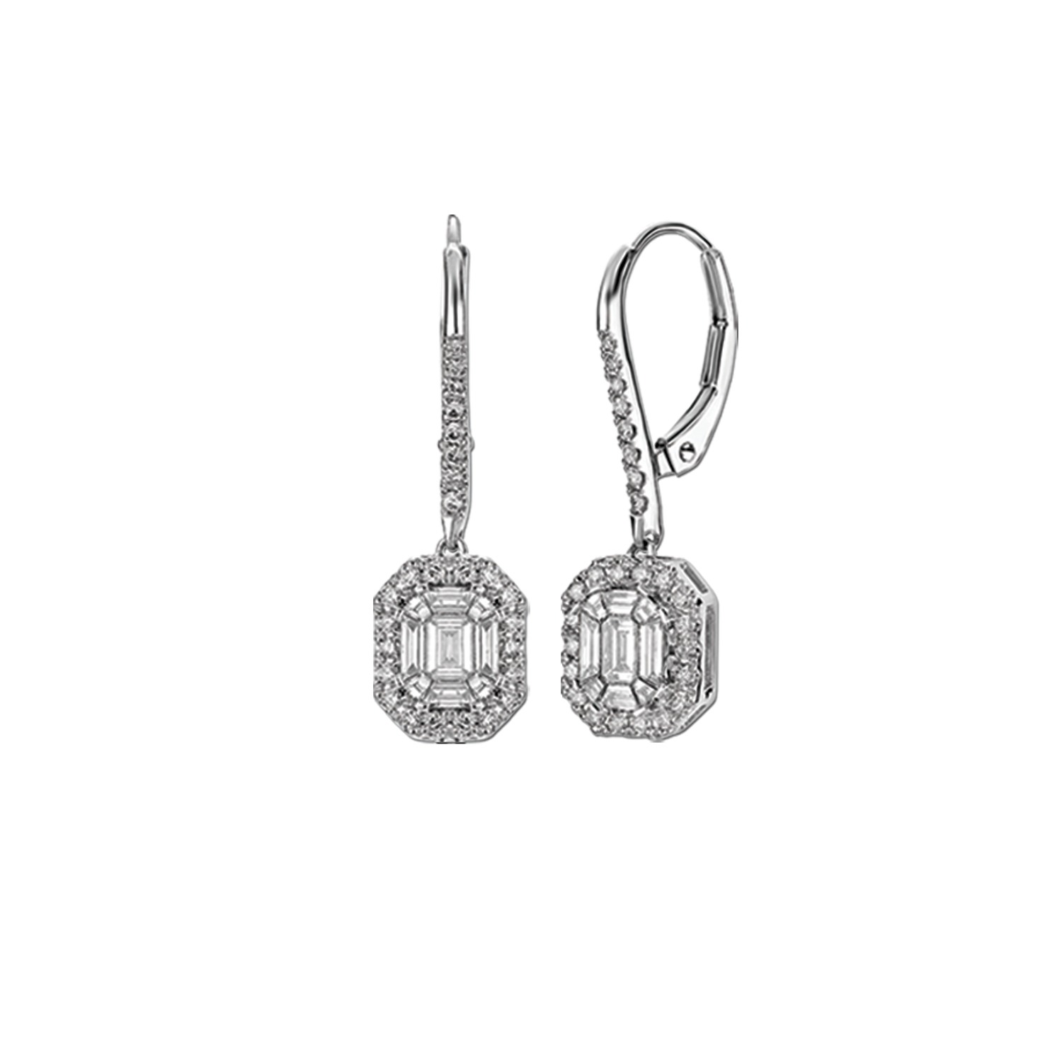Compozit&trade; 14K White Gold Emerald Compozit Halo Drop Earrings Diamond 1.00 Ctw Cutting Edge Technology