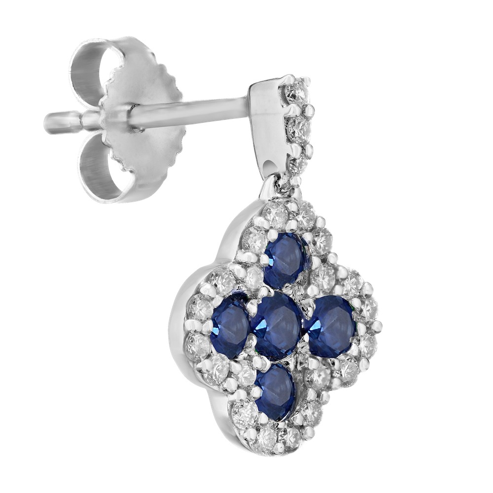 Majestic Gems&trade; 14k White Gold 14KW Color Stone Clover Drops Blue Sapphire & Diamond 0.80 Ctw