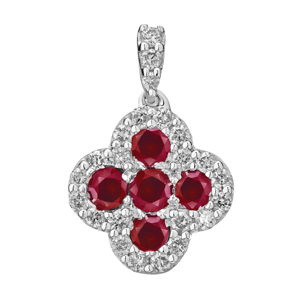 Majestic Gems&trade; 14k White Gold 14KW Color Stone Clover Drops Ruby & Diamond 0.80 Ctw