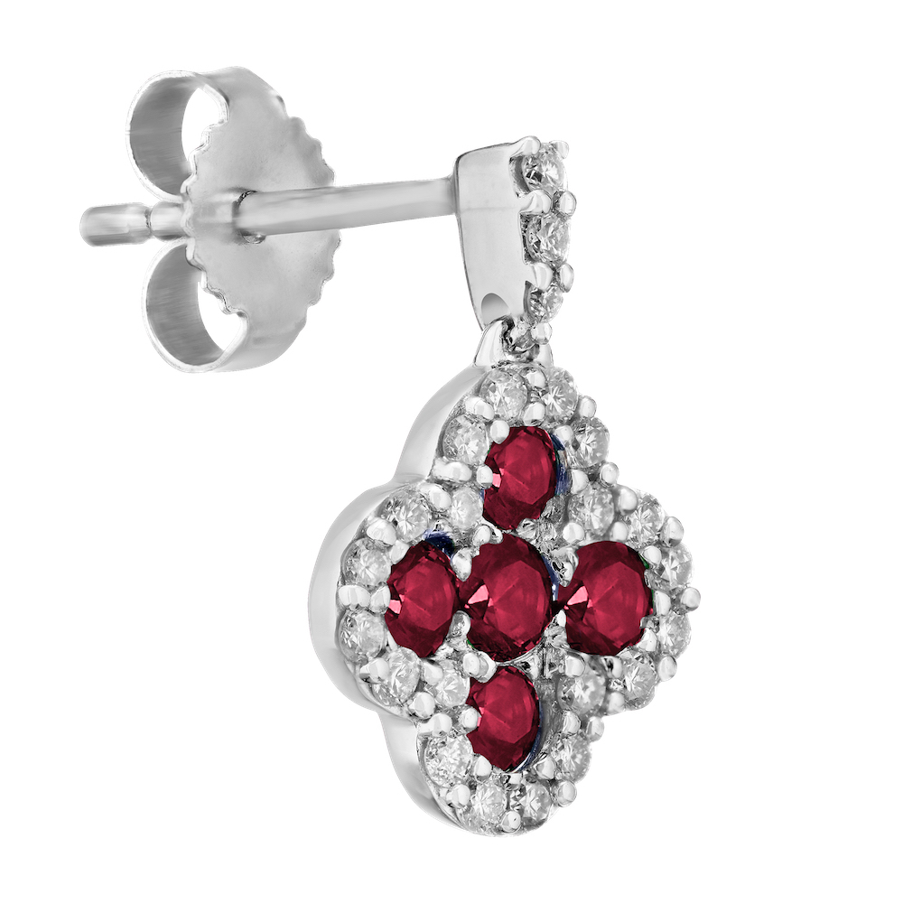 Majestic Gems&trade; 14k White Gold 14KW Color Stone Clover Drops Ruby & Diamond 0.80 Ctw