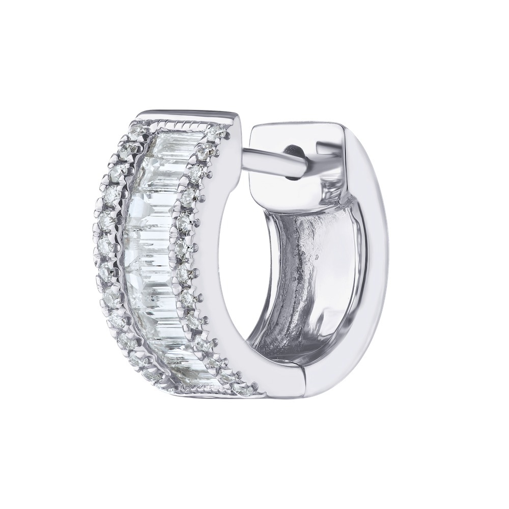 14K White Gold Wide Hoops Channel Set with Baguettes and Round Rails Diamond Earrings 0.50 Ctw