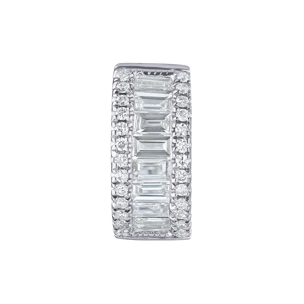 14K White Gold Wide Hoops Channel Set with Baguettes and Round Rails Diamond Earrings 0.50 Ctw