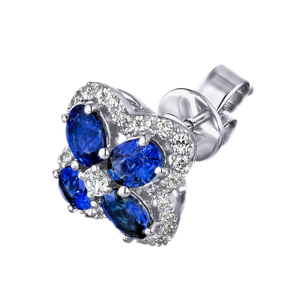 Majestic Gems&trade; 14k White Gold Color Clover with Halo Studs Blue Sapphire & Diamond 1.96 Ctw