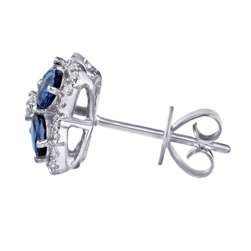 Majestic Gems&trade; 14k White Gold Color Clover with Halo Studs Blue Sapphire & Diamond 1.96 Ctw