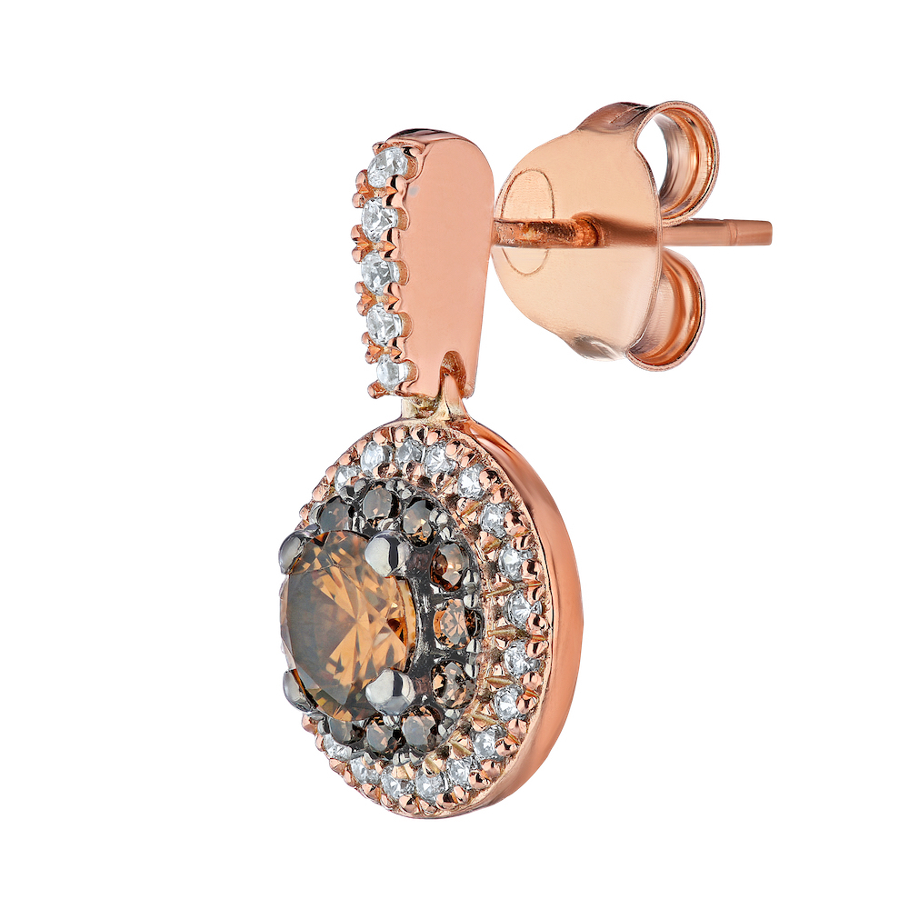 Cinnamon Dulce&trade; 14K Rose Gold Round Cognac Center Cognac & White Double Halo Drop Diamond & Cognac 1.00 Ctw