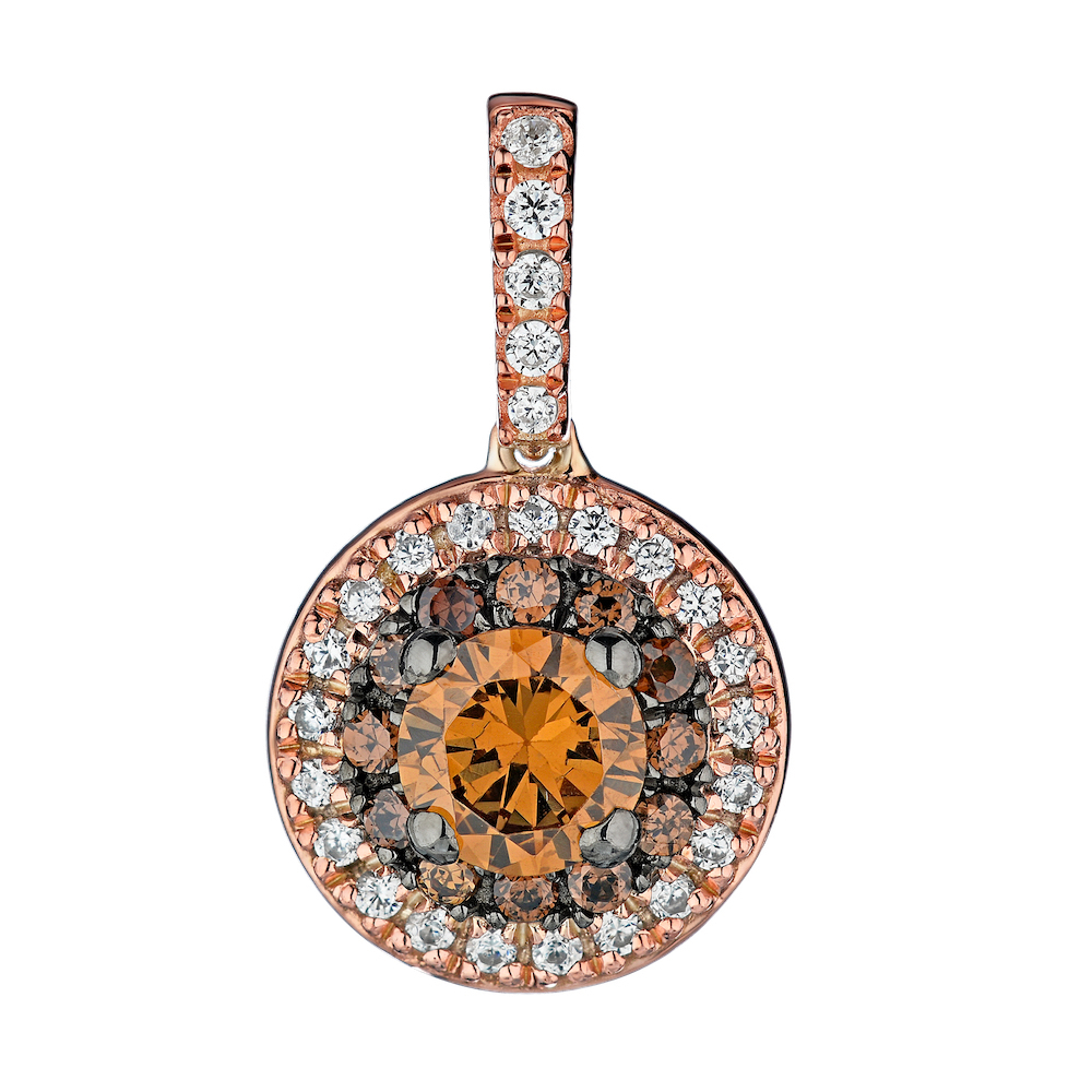 Cinnamon Dulce&trade; 14K Rose Gold Round Cognac Center Cognac & White Double Halo Drop Diamond & Cognac 1.00 Ctw