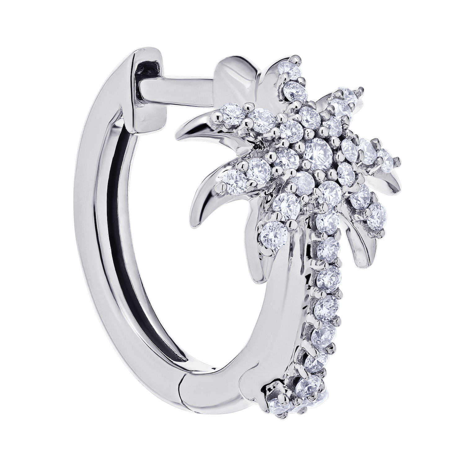 Oceanity&trade; 14K White Gold Earrings Pave Set Palm Tree on Huggies Diamond 0.25 Ctw