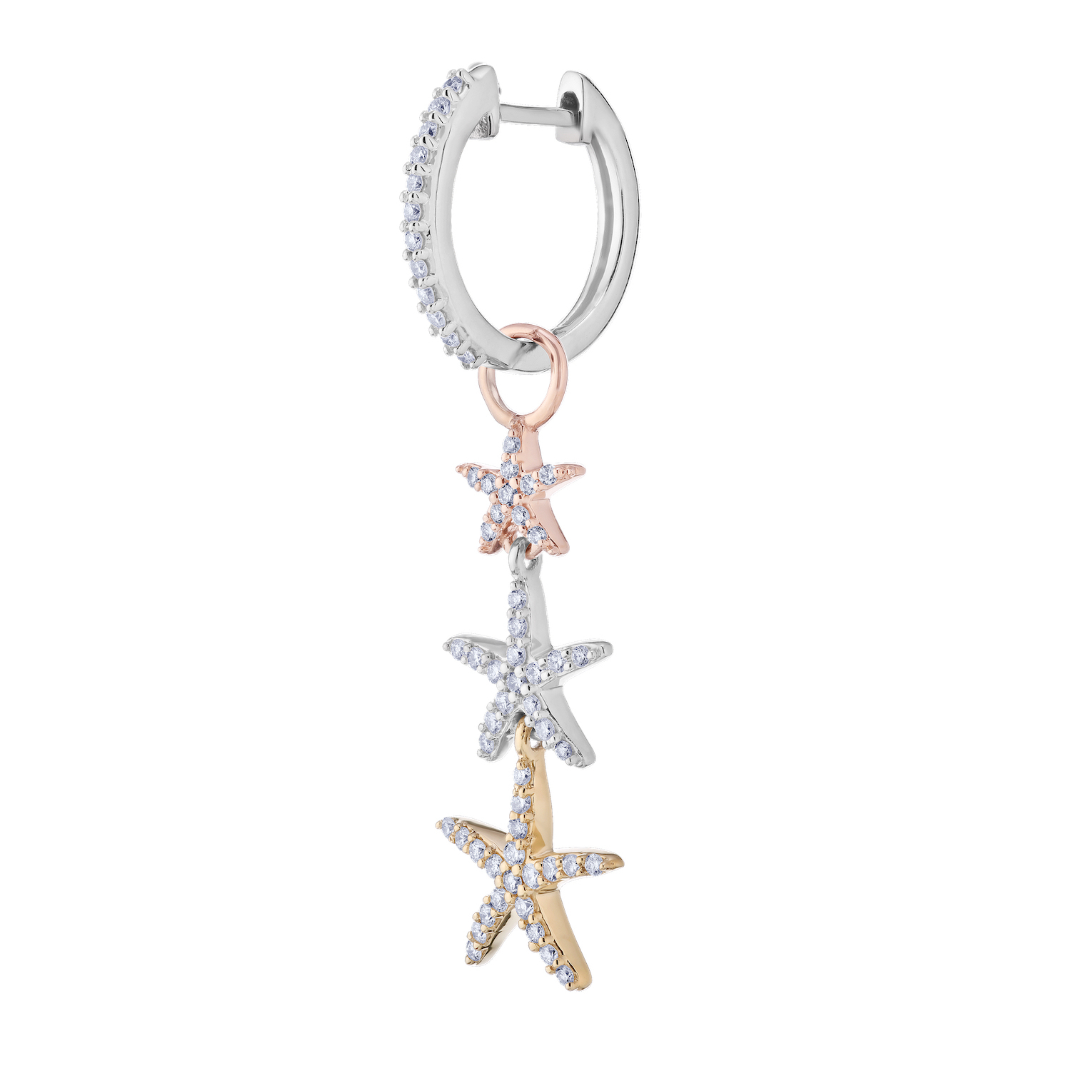 OCEANITY &trade; 14k Two Tone Earrings 3 Tri-Color Starfish Drops on Hoops Diamond 1.32 Ctw