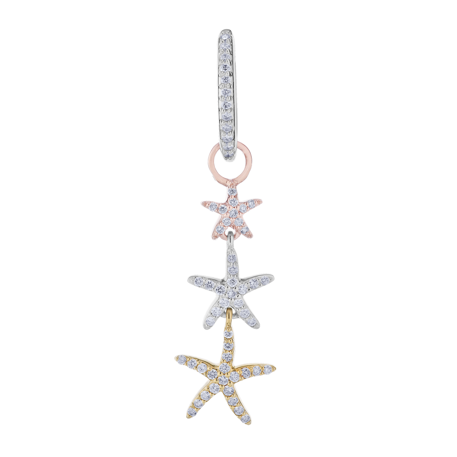 OCEANITY &trade; 14k Two Tone Earrings 3 Tri-Color Starfish Drops on Hoops Diamond 1.32 Ctw
