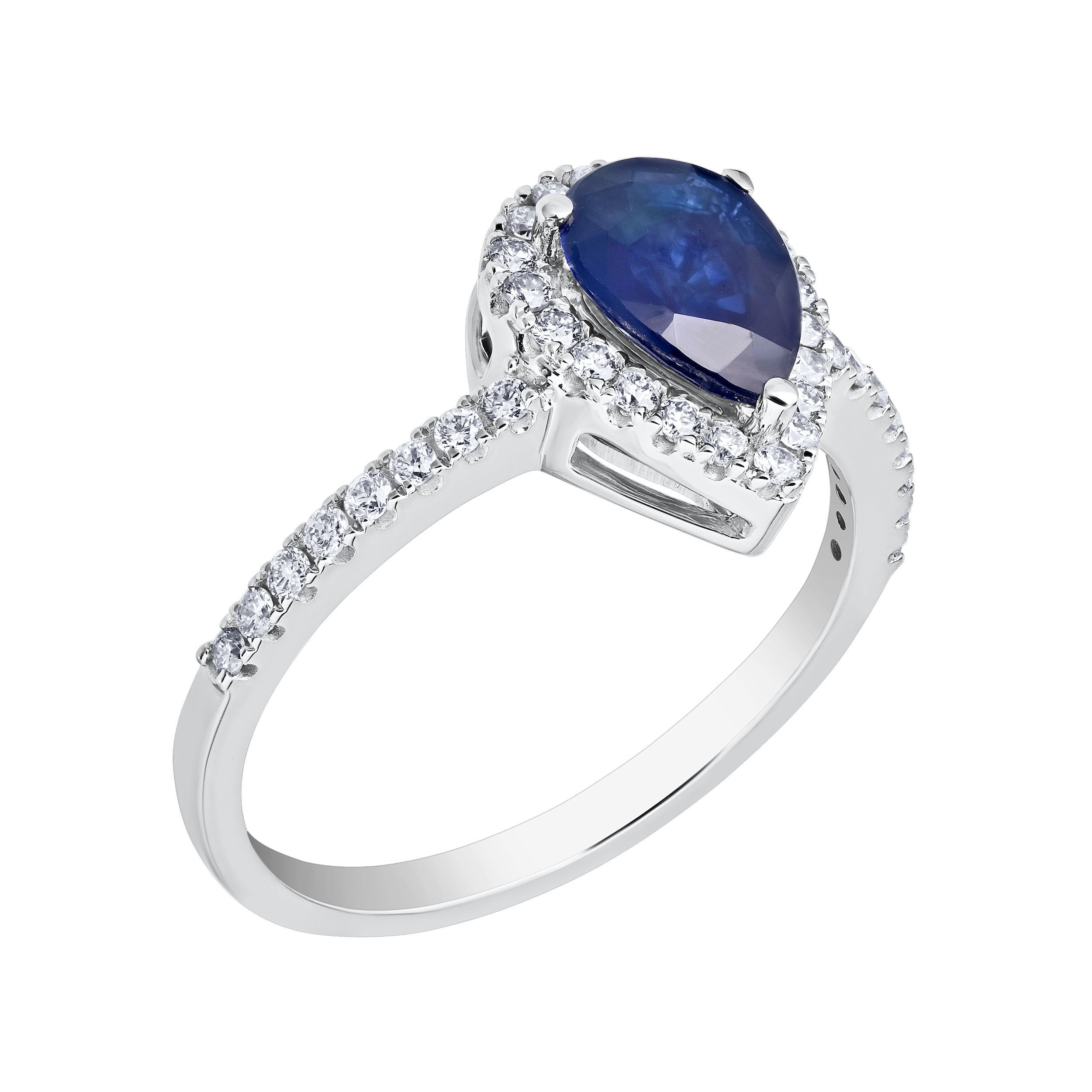 Majestic Gems&trade; 14k White Gold Pear Shape with Halo Diamond Shoulders Blue Sapphire & Diamond 1.28 Ctw