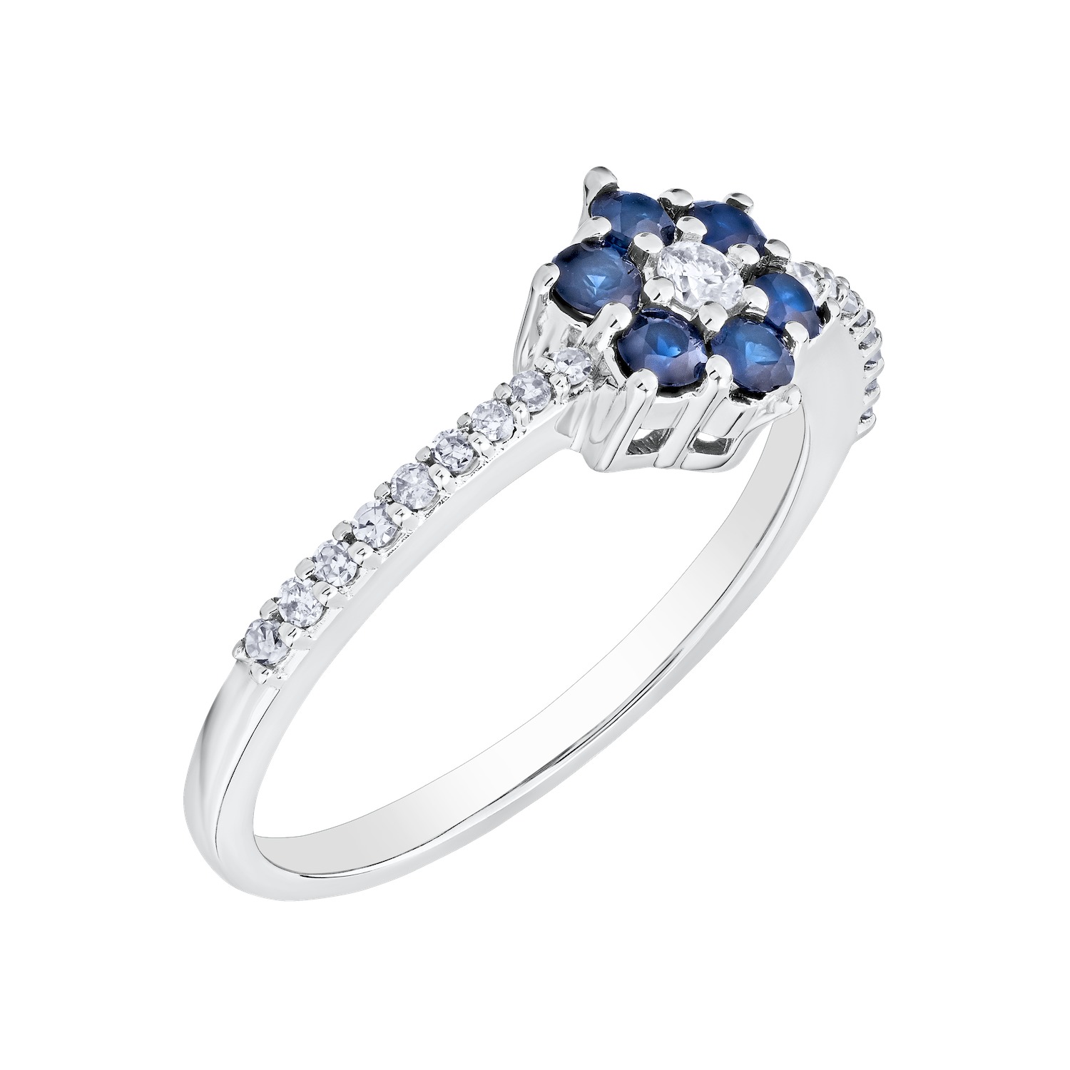 Majestic Gems&trade; 10k White Gold Color Flower Cluster with Diamond Center Blue Sapphire & Diamond 0.50 Ctw