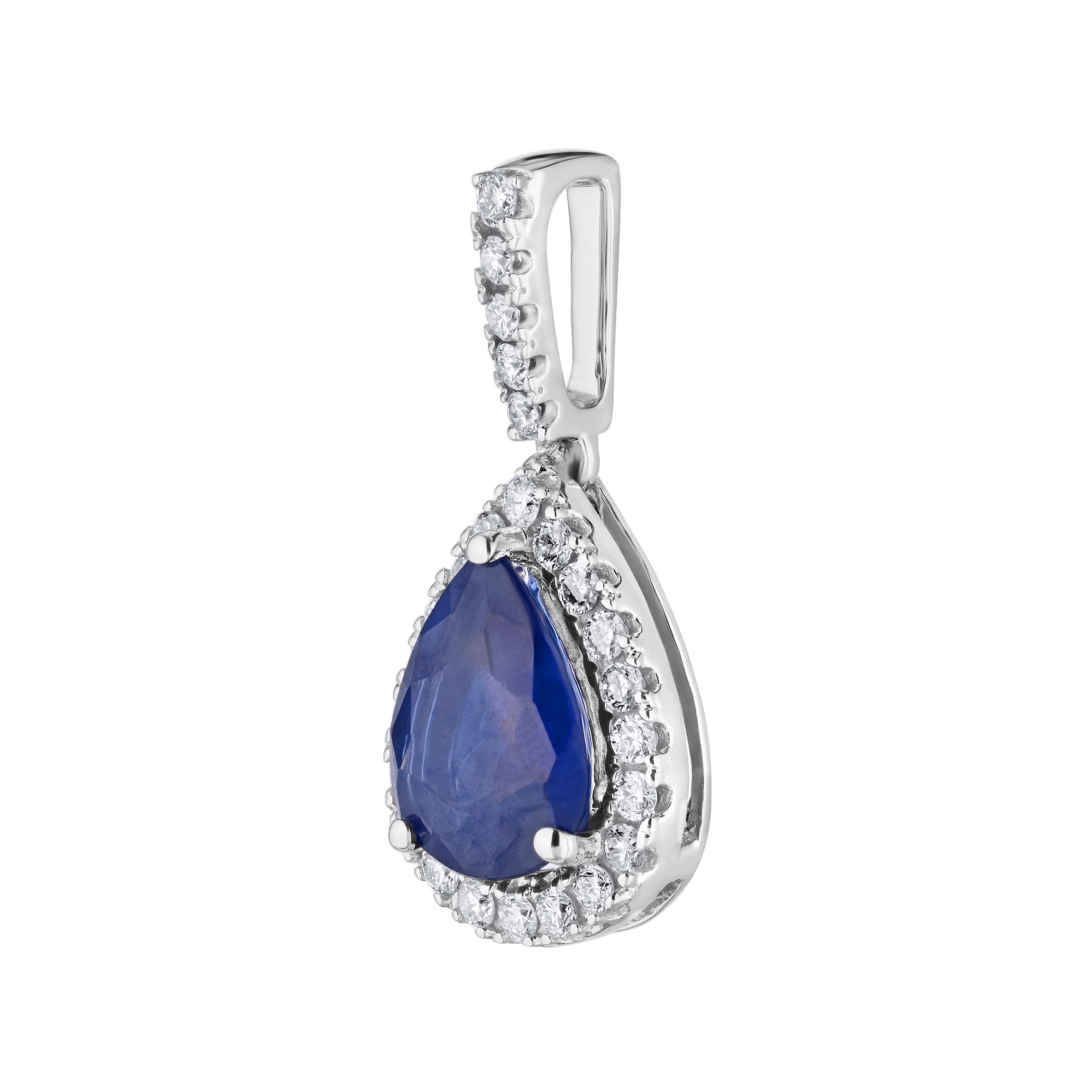 Pendant: 14KW Pear-Shape Sapphire Halo Dia. Bail 25 Rd. 1 Sapp. 1 1/4 Ctw