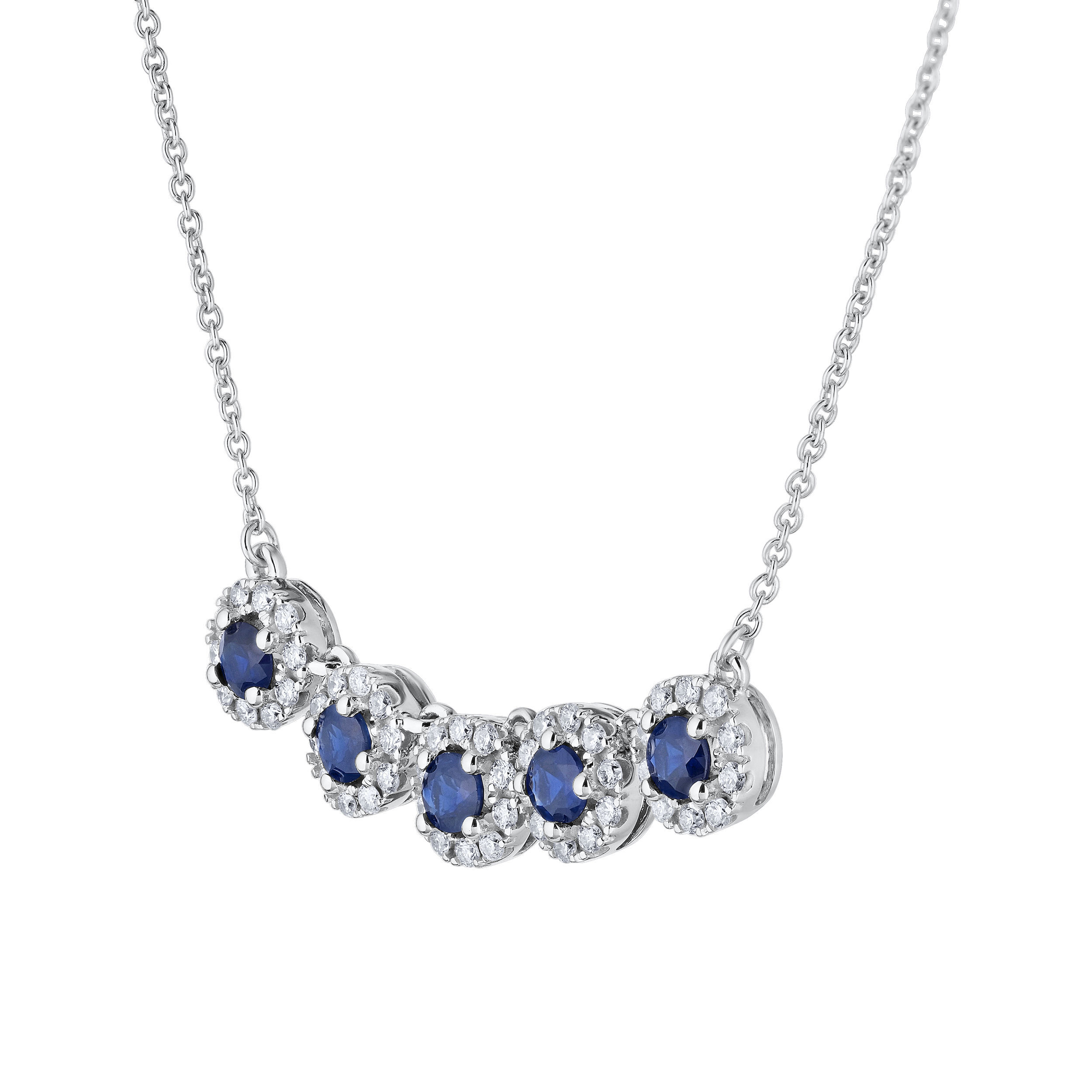 Majestic Gems&trade; 14k White Gold Five Station Halo Color Stone Centers Blue Sapphire & Diamond 1.15 Ctw