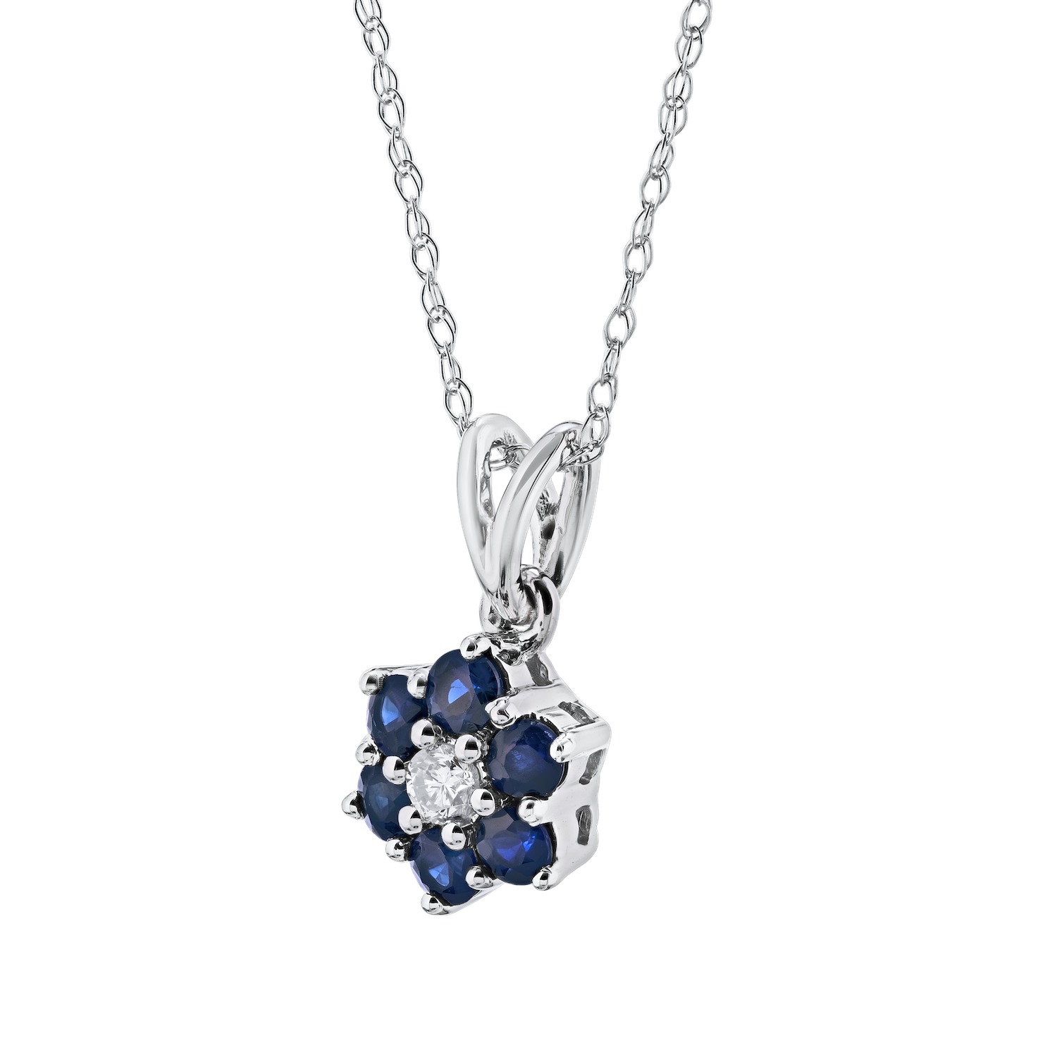 Majestic Gems&trade; 10k White Gold 10K Colored Stone Cluster with Diamond Center Pendant Blue Sapphire & Diamond 0.35 Ctw