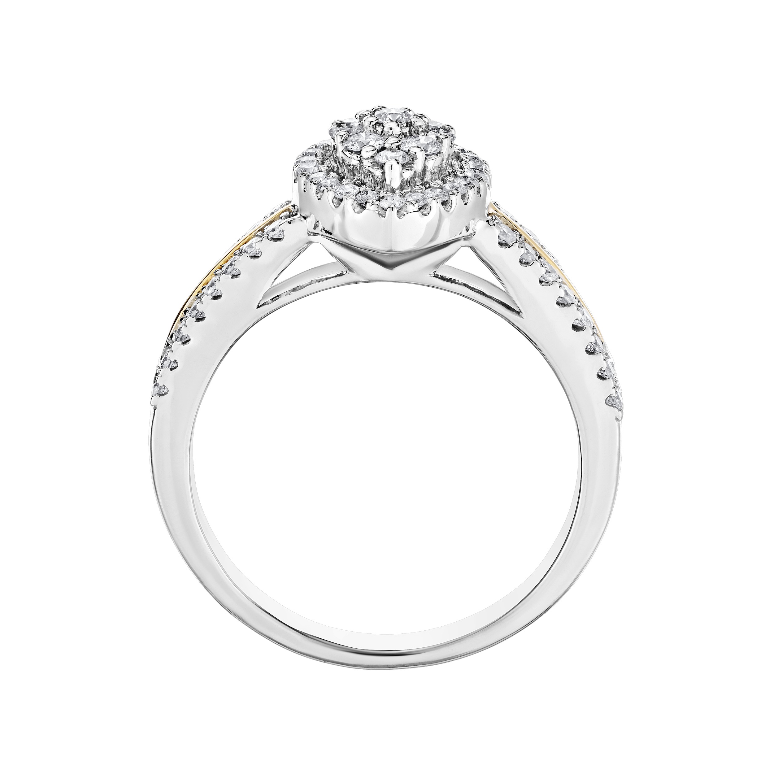 Ring: 14TT Pear-Shape Clusteruster Polished Center Shoulders, Diamond Rails 62 Rd. 1/2 Ctw