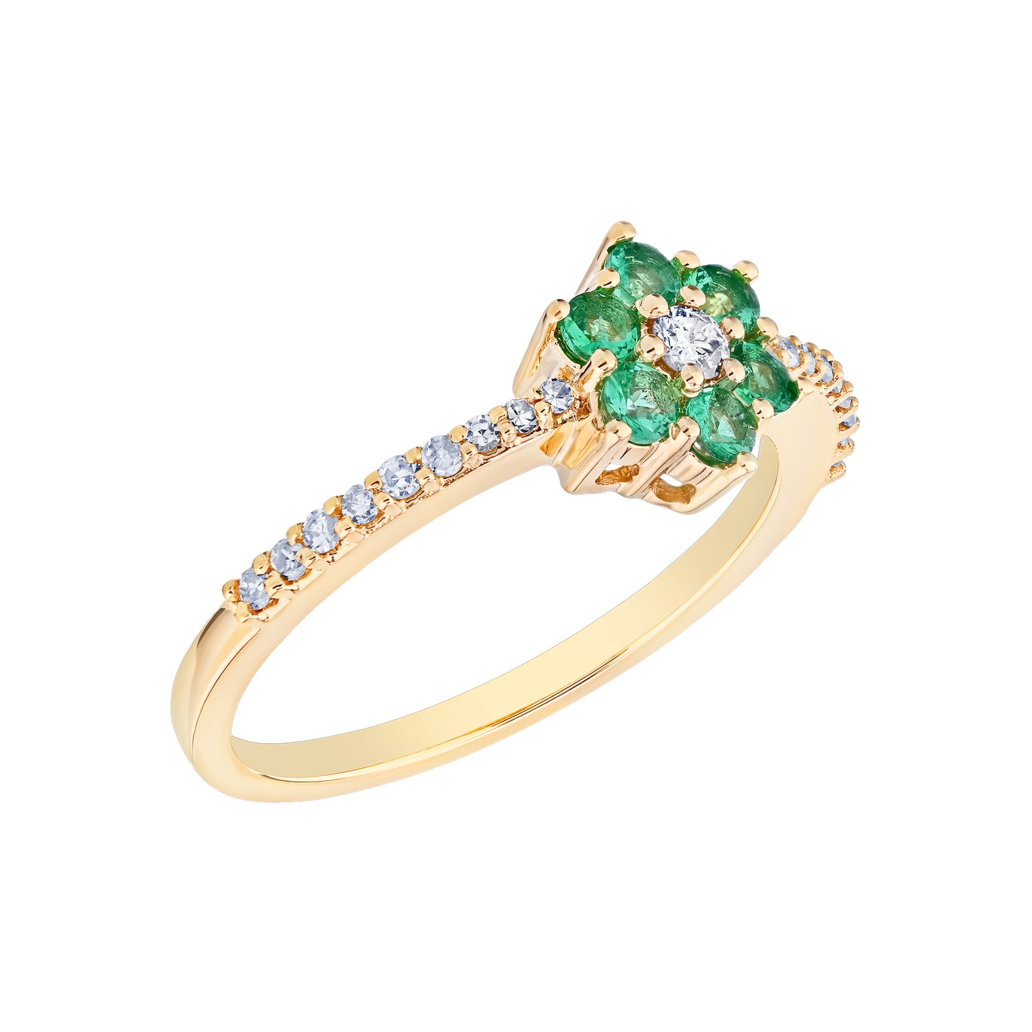 Majestic Gems&trade; 10k Yellow Gold Color Flower Cluster with Diamond Center Emerald & Diamond 0.464 Ctw