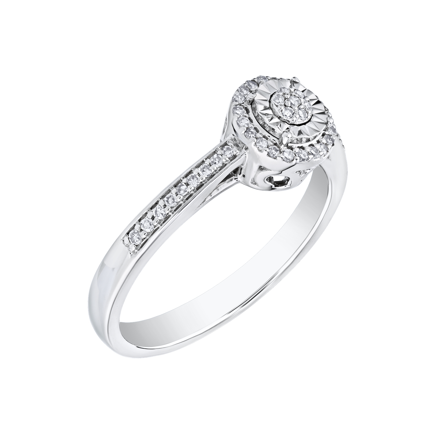 Ring: 10KW Round Shape Miracle Plate Pave Center Halo 46 Rd. 3/20 Ctw