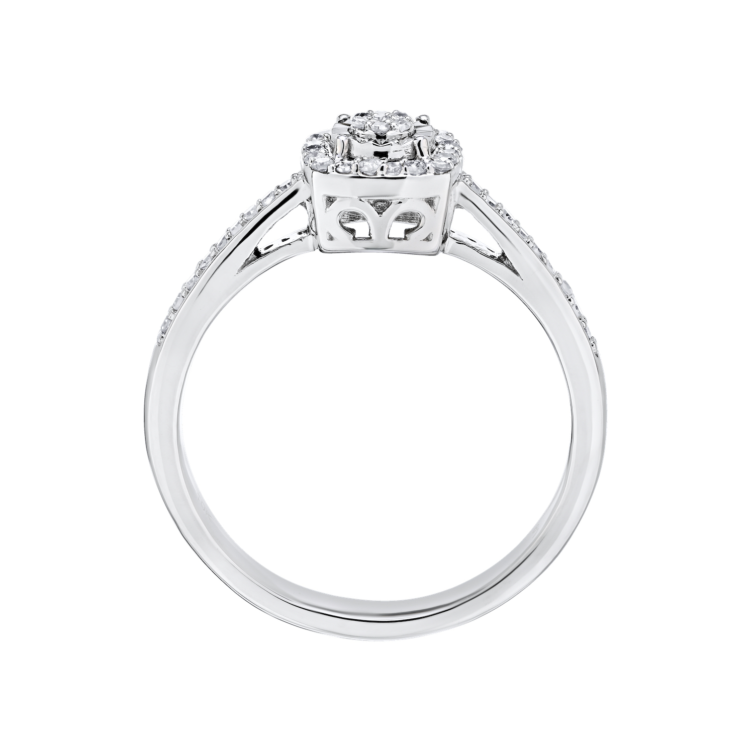 Ring: 10KW Cushion Shape Miracle Plate Pave Center Halo 45 Rd. 3/10 Ctw