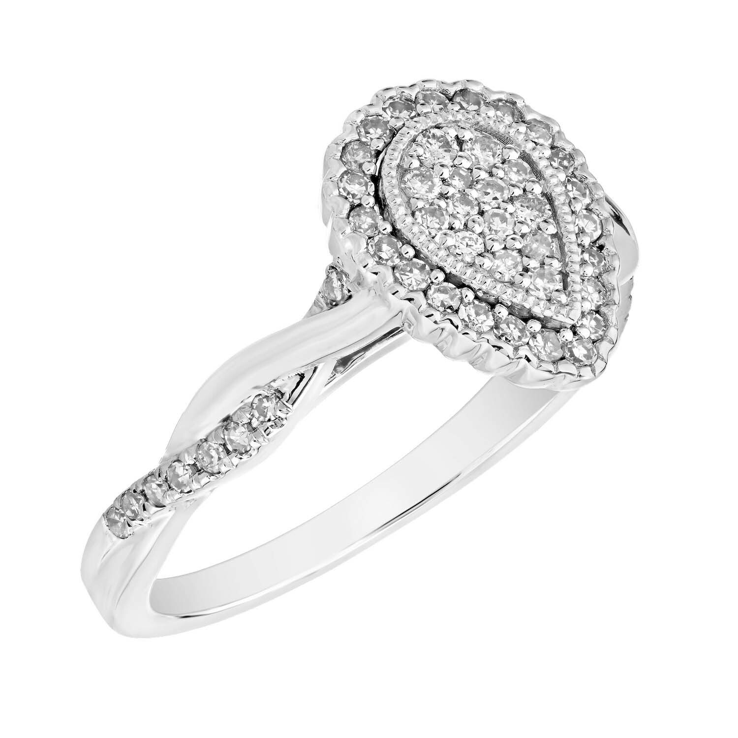 10K White Gold Ring Pear Shape Pave Set with Crossover Shoulders Diamond 0.33 Ctw