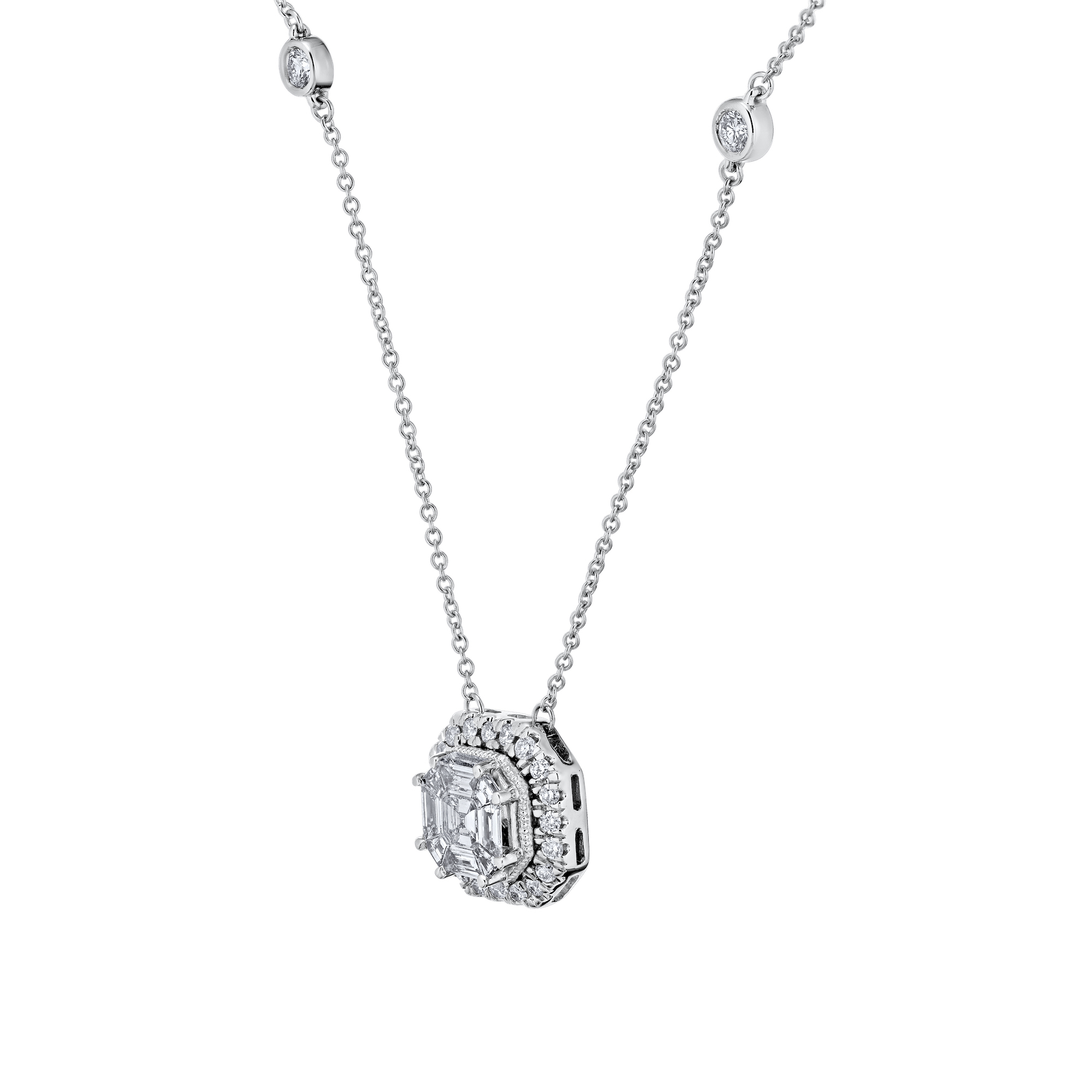 Necklace: 14KW Asscher Shape Halo w/ 6 Stations 27 Dias. 3/4 Ctw