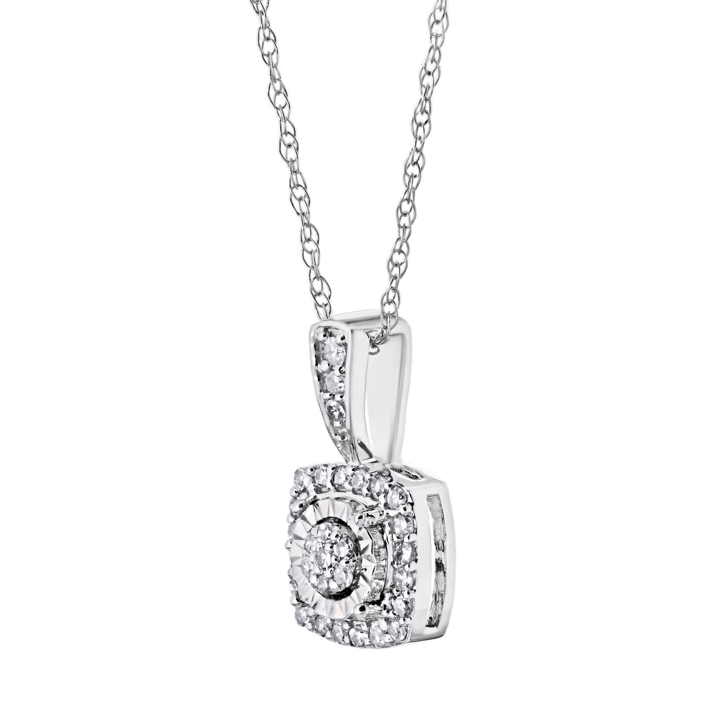 Pendant: 10KW Cushion Shape Miracle Plate Halo Pave Center 1/10 Ctw