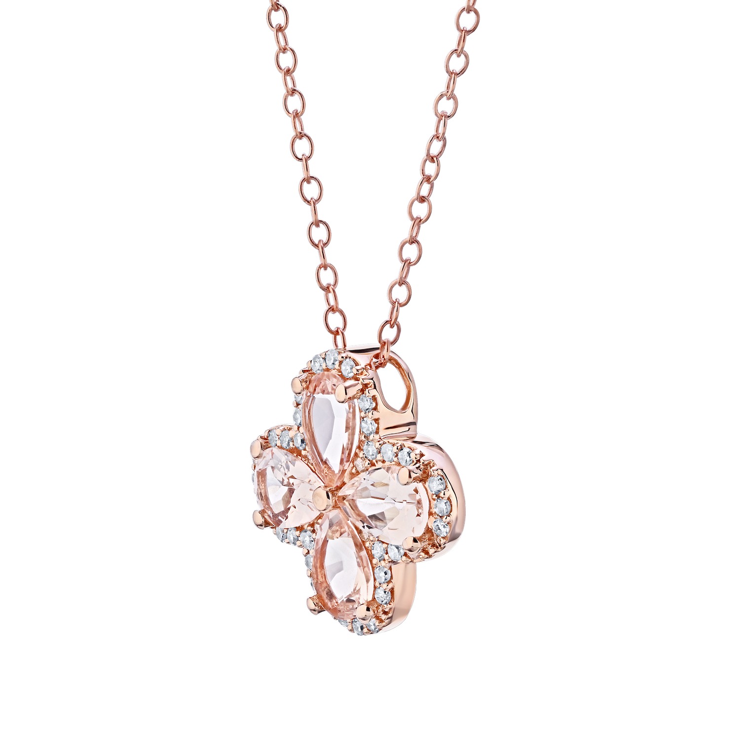 Majestic Gems&trade; 10k Rose Gold Color Clover with Halo Hidden Bail Morganite & Diamond 2.15 Ctw