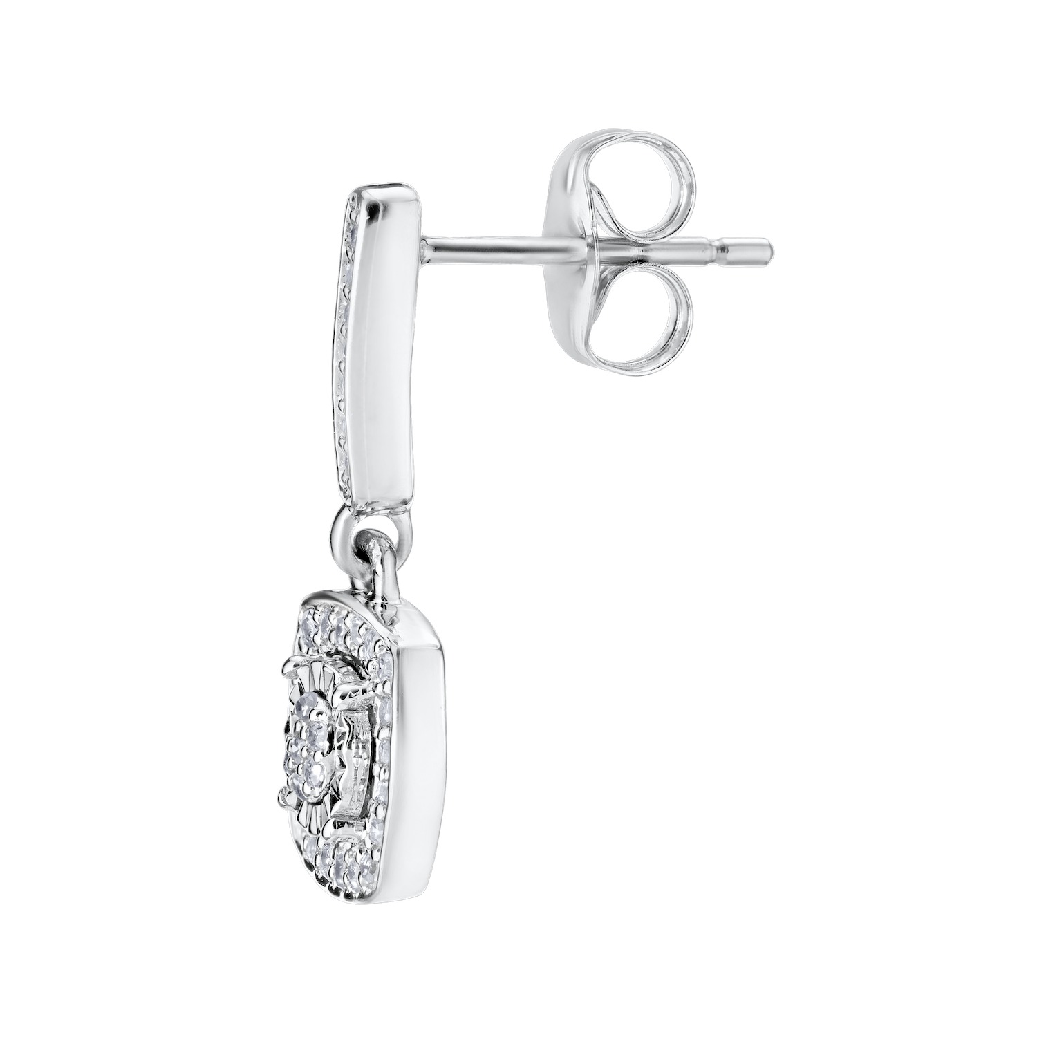 Earrings: 10KW Cushion Shape Miracle Plate Pave Center Halo Drops 1/5 Ctw