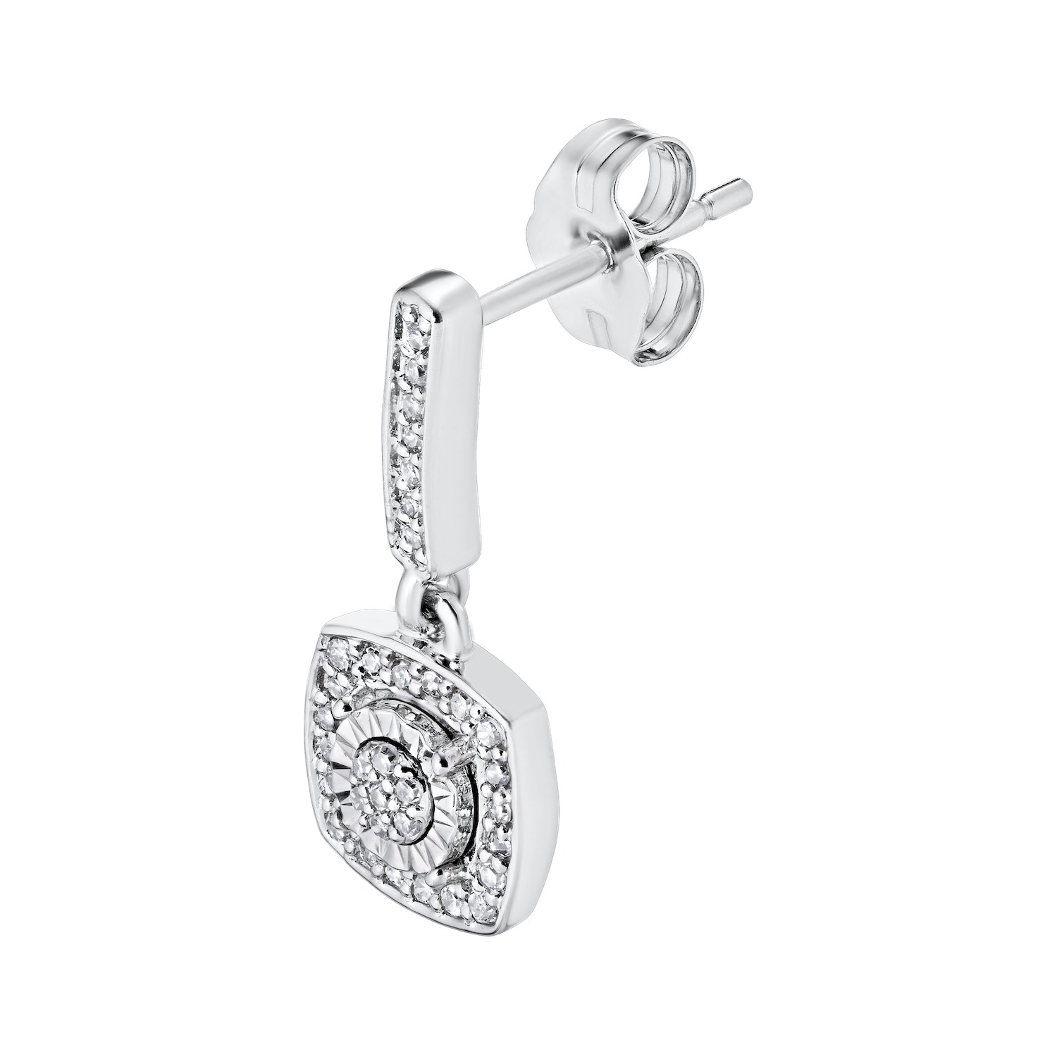 Earrings: 10KW Cushion Shape Miracle Plate Pave Center Halo Drops 1/5 Ctw