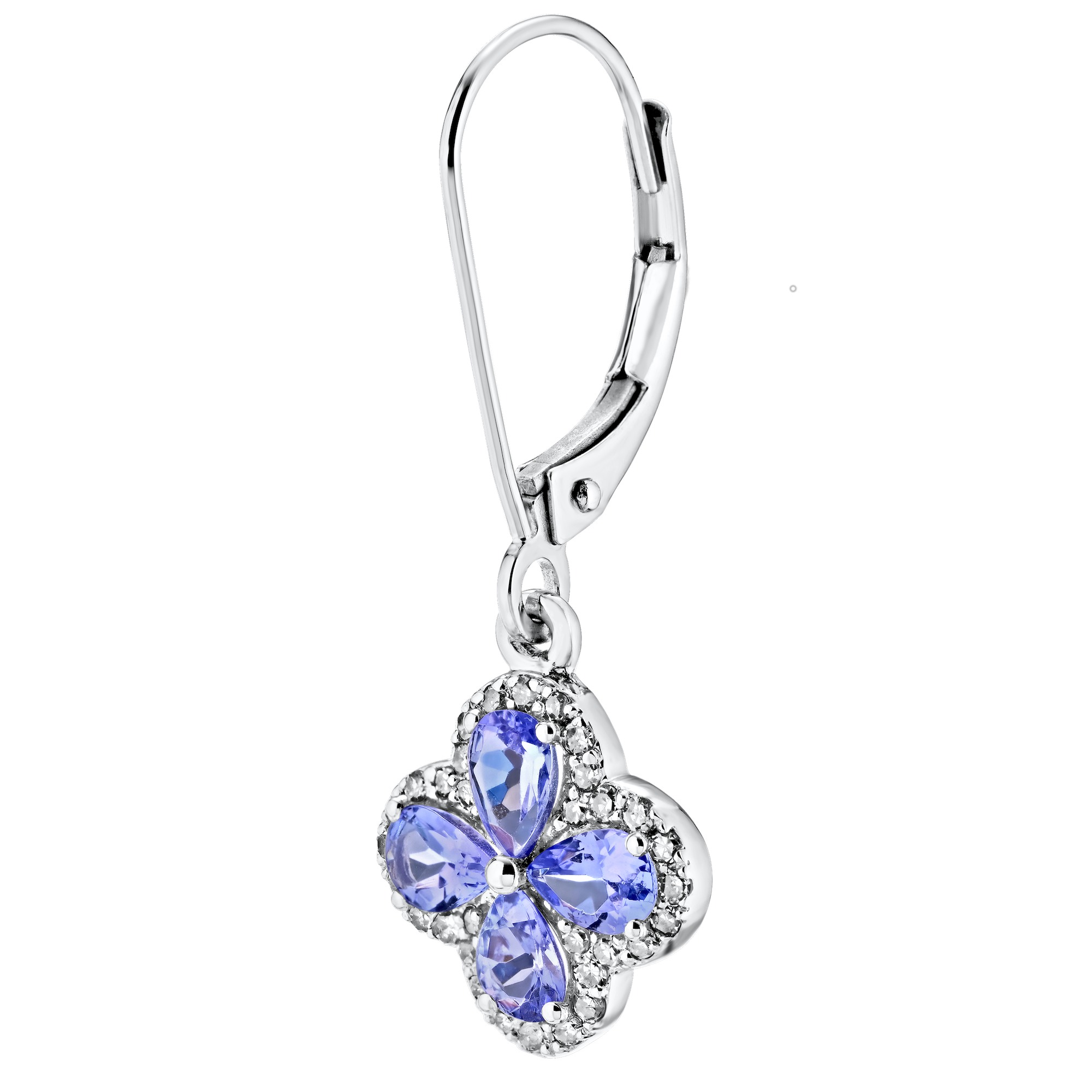 Majestic Gems&trade; 10k White Gold Color Clover with Halo Lever Backs TANZ & Diamond 1.92 Ctw