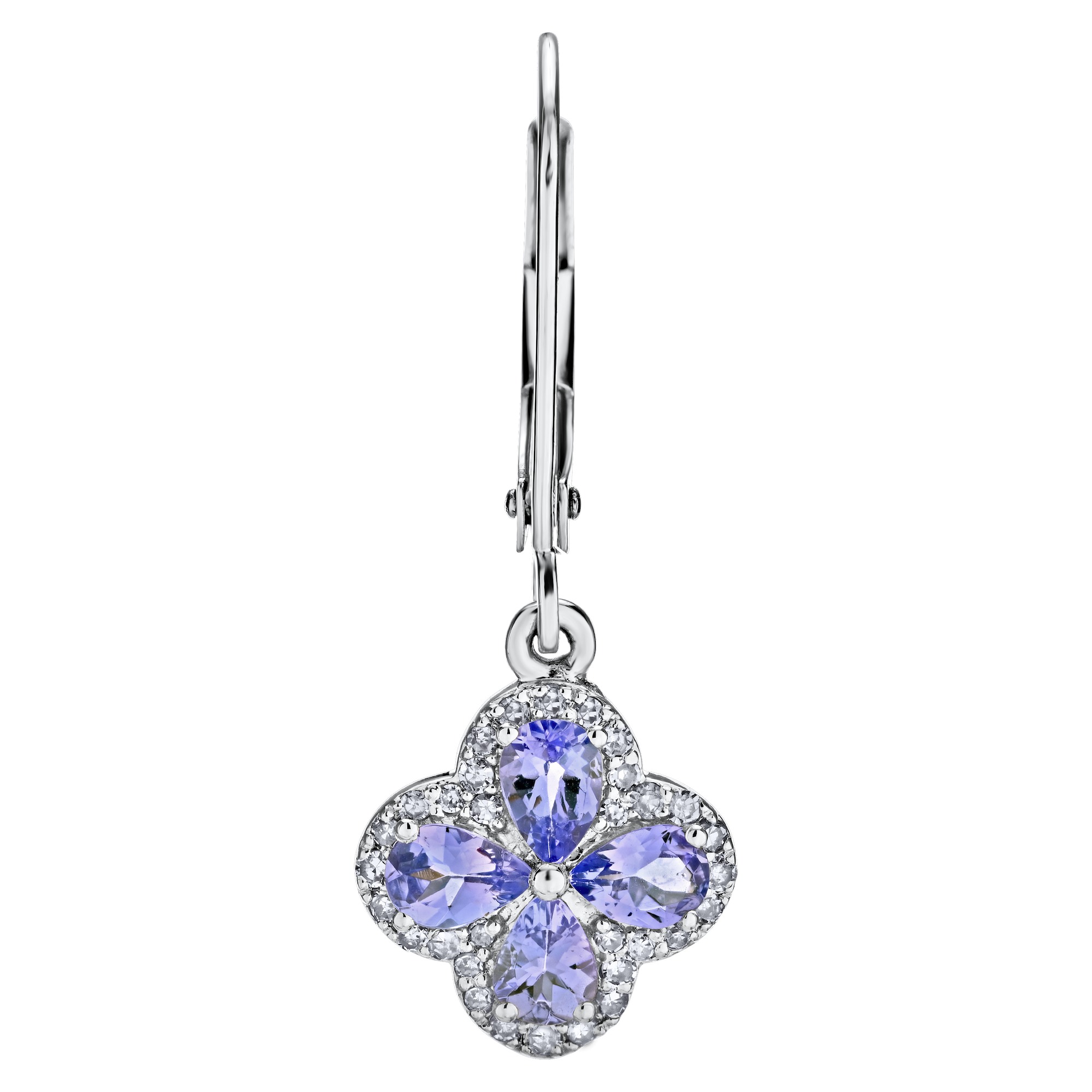 Majestic Gems&trade; 10k White Gold Color Clover with Halo Lever Backs TANZ & Diamond 1.92 Ctw