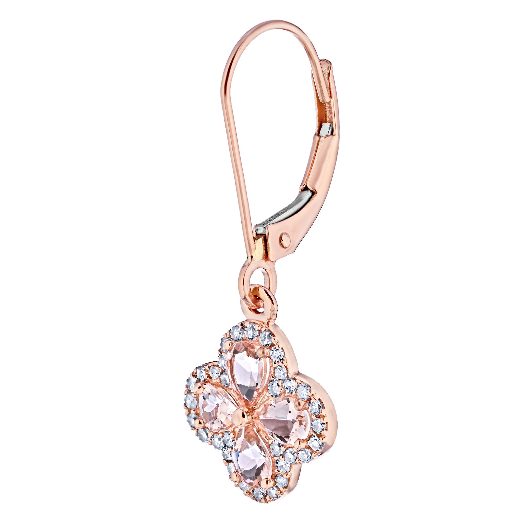Majestic Gems&trade; 10k Rose Gold Color Clover with Halo Lever Backs Morganite & Diamond 1.92 Ctw
