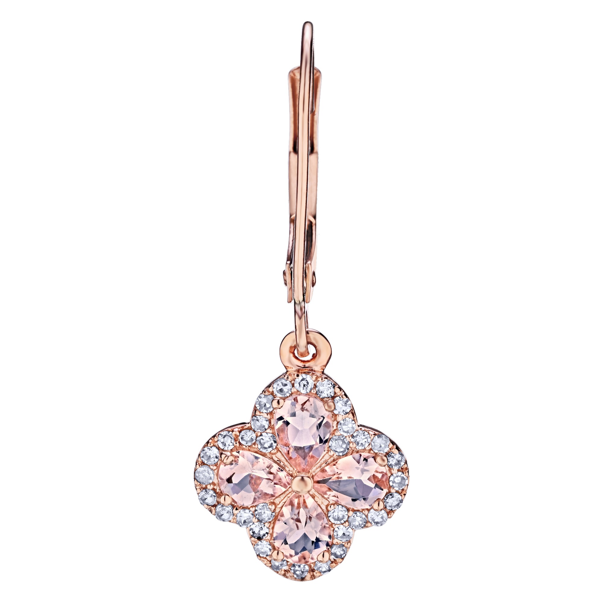 Majestic Gems&trade; 10k Rose Gold Color Clover with Halo Lever Backs Morganite & Diamond 1.92 Ctw