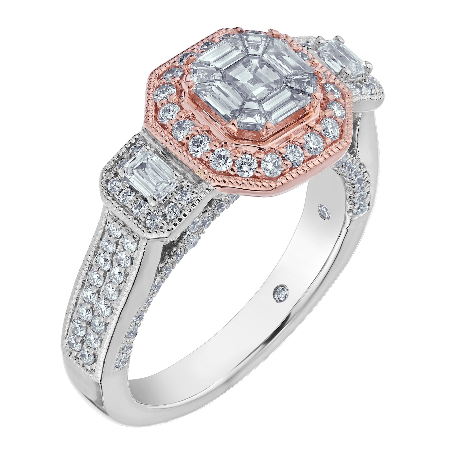 Compozit&trade; 14K Two Tone Gold Asscher Shape Center Halo Emerald Cut Shoulder Wide Shank Ring Diamond 1.50 Ctw Cutting Edge Technology