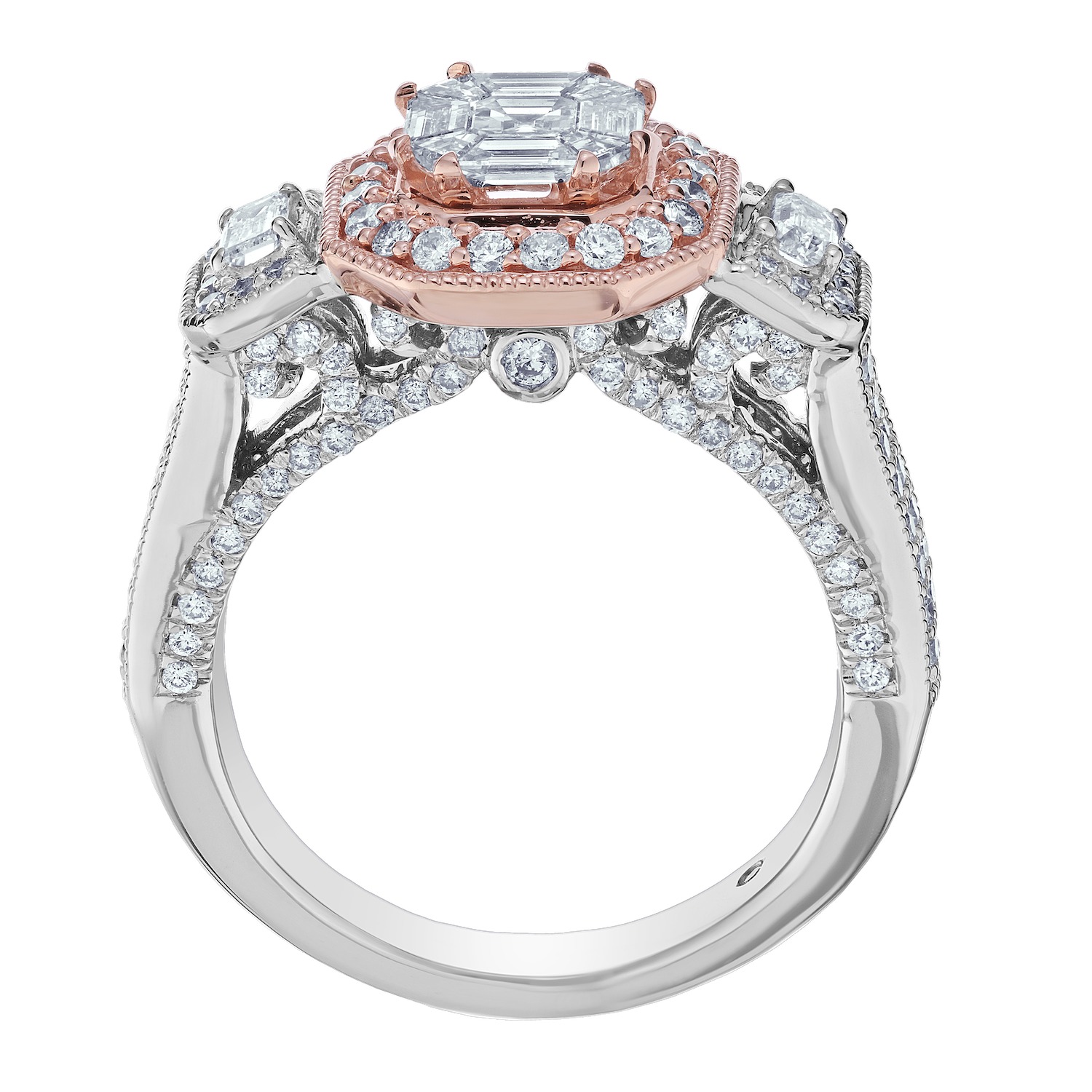 Compozit&trade; 14K Two Tone Gold Asscher Shape Center Halo Emerald Cut Shoulder Wide Shank Ring Diamond 1.50 Ctw Cutting Edge Technology