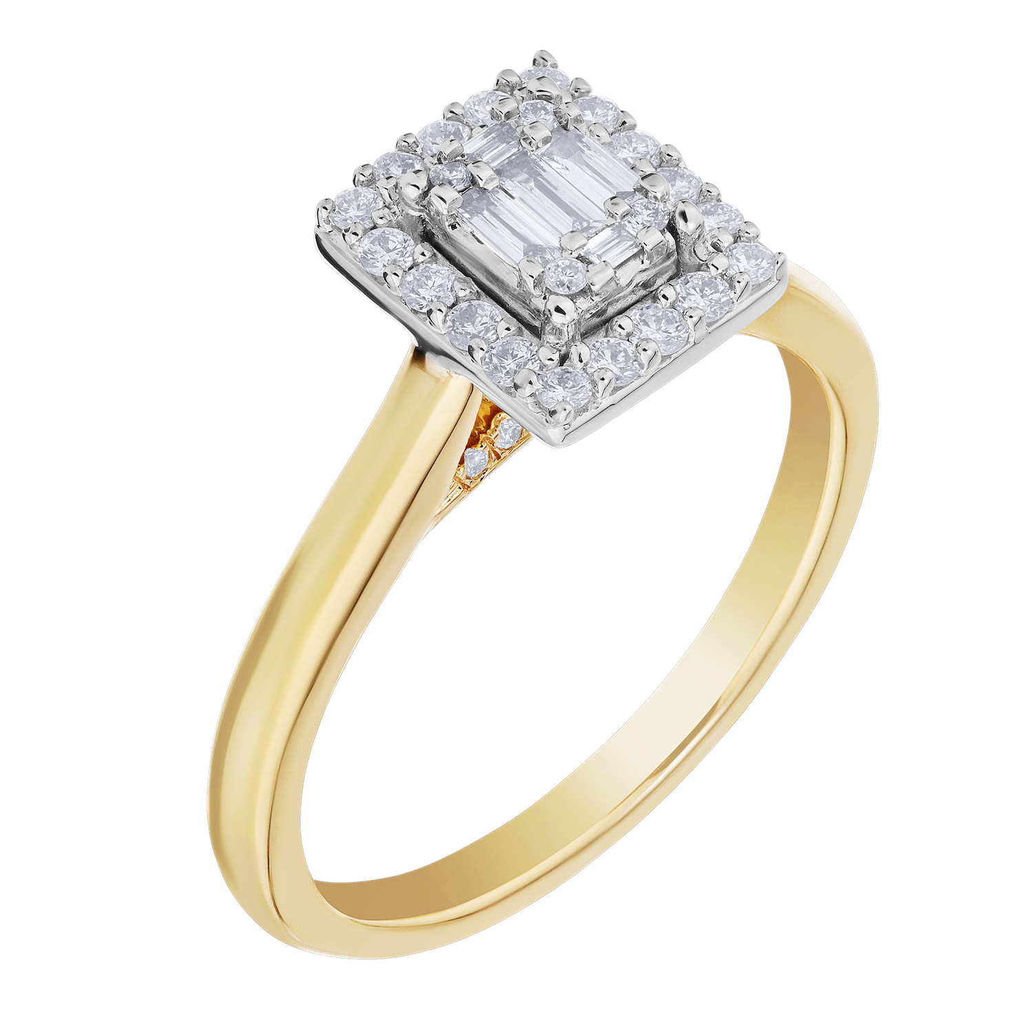 Multiplicity&trade; 14K Two Tone Emerald Shape Halo Plain Shank 0.40 Ctw Diamond