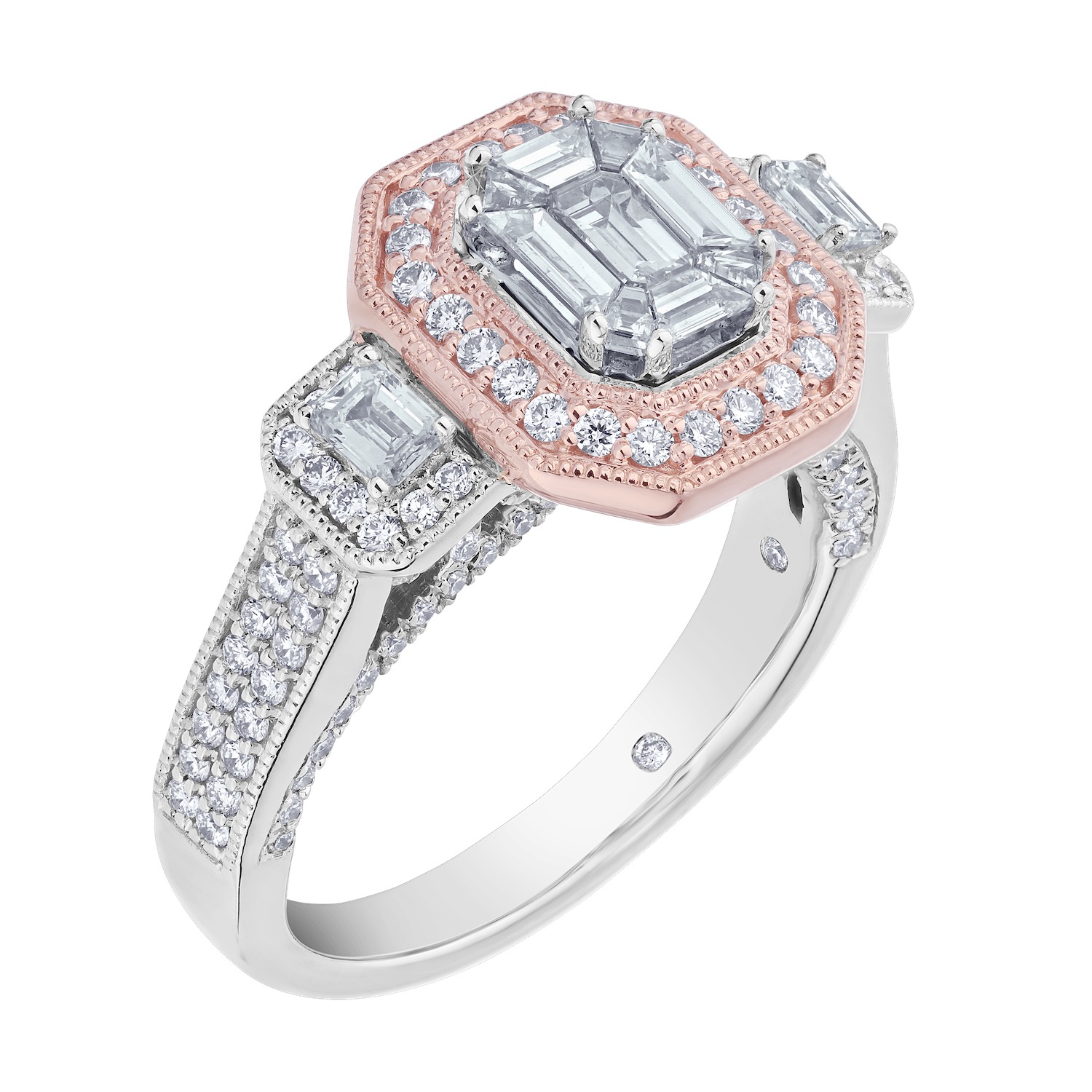 Compozit&trade; 14K Two Tone Gold Emerald Cut Center Halo Emerald Shoulders Wide Shank Ring Diamond 1.50 Ctw Cutting Edge Technology