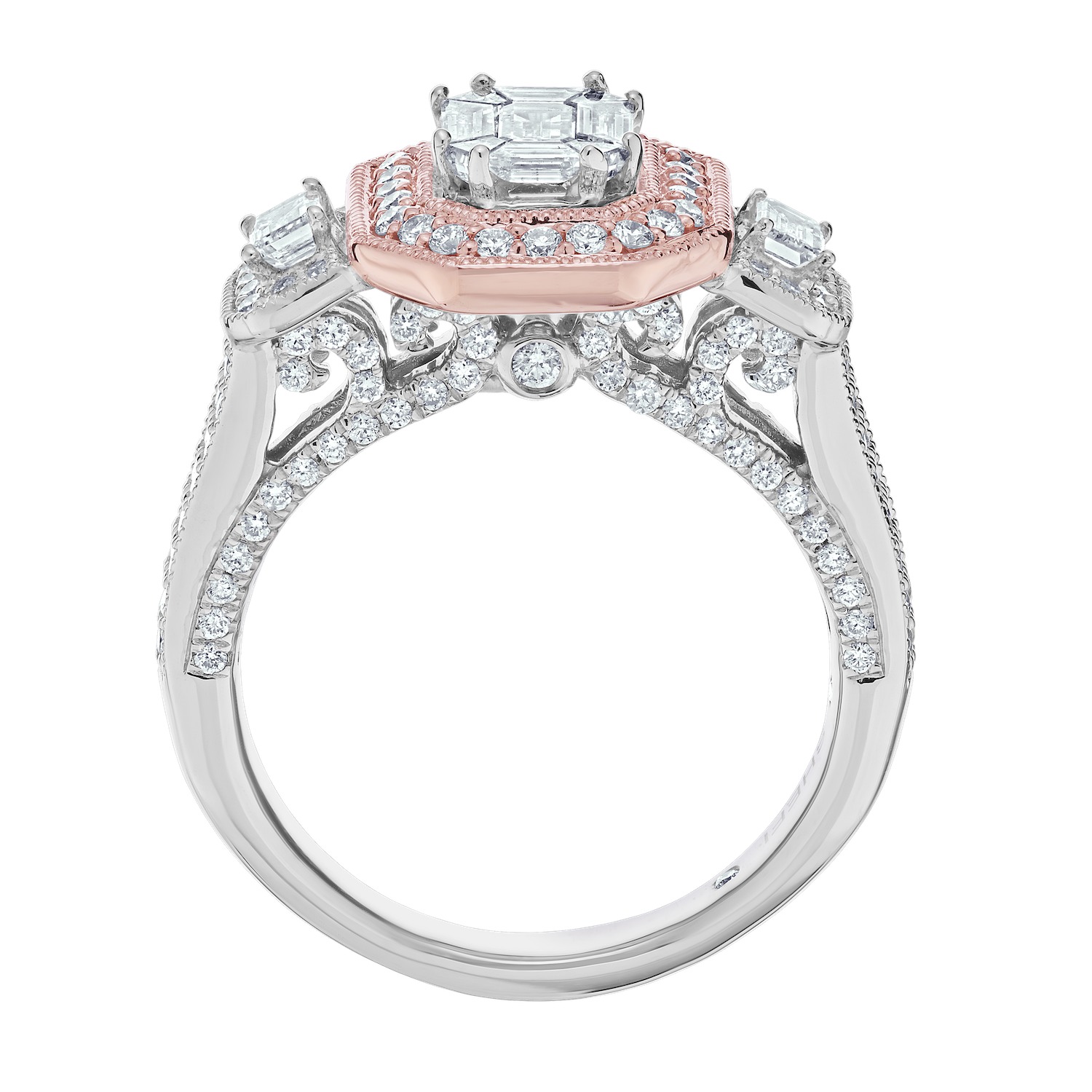 Compozit&trade; 14K Two Tone Gold Emerald Cut Center Halo Emerald Shoulders Wide Shank Ring Diamond 1.50 Ctw Cutting Edge Technology