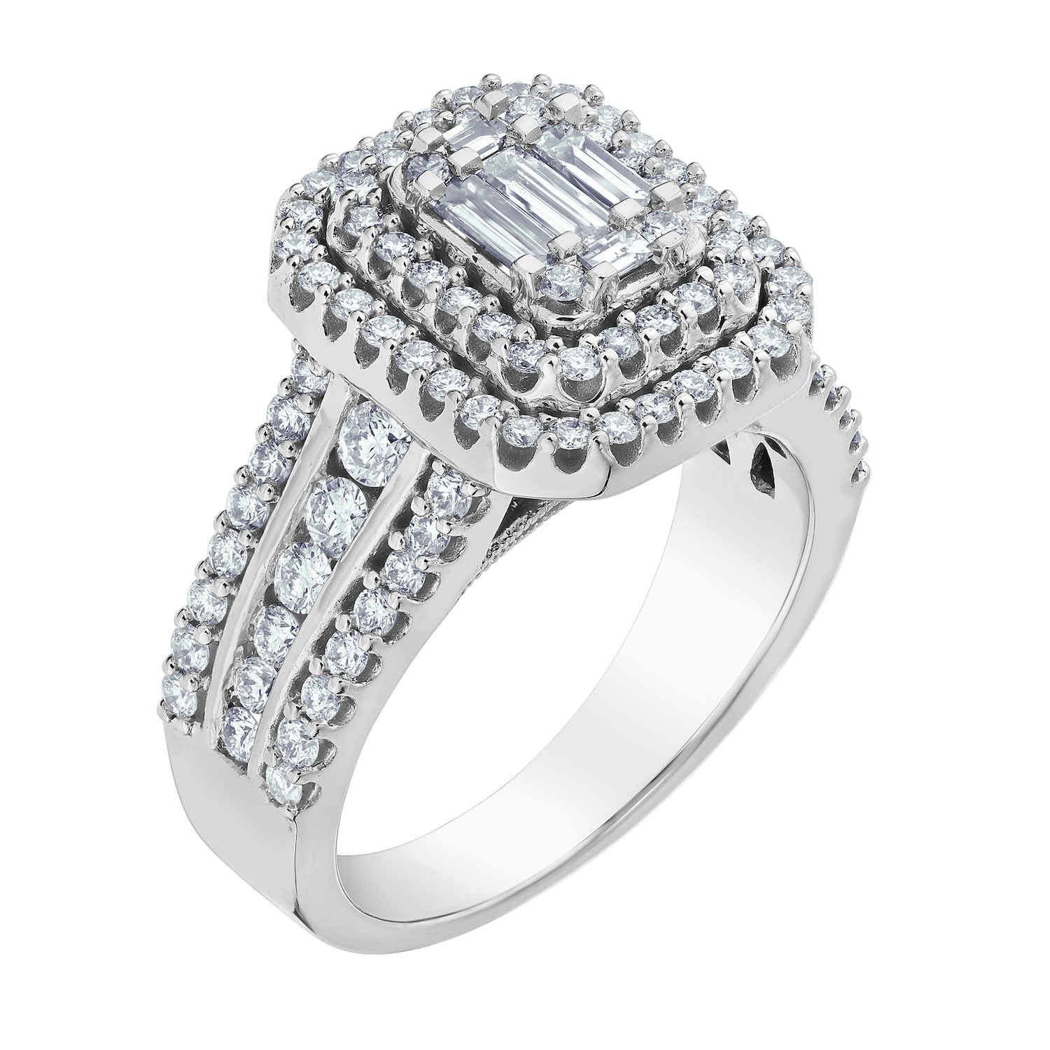 Multiplicity&trade; 14KW White Gold Emerald Shape Center with Double Halo Wide 3 Row Shank 1.50 Ctw Diamond