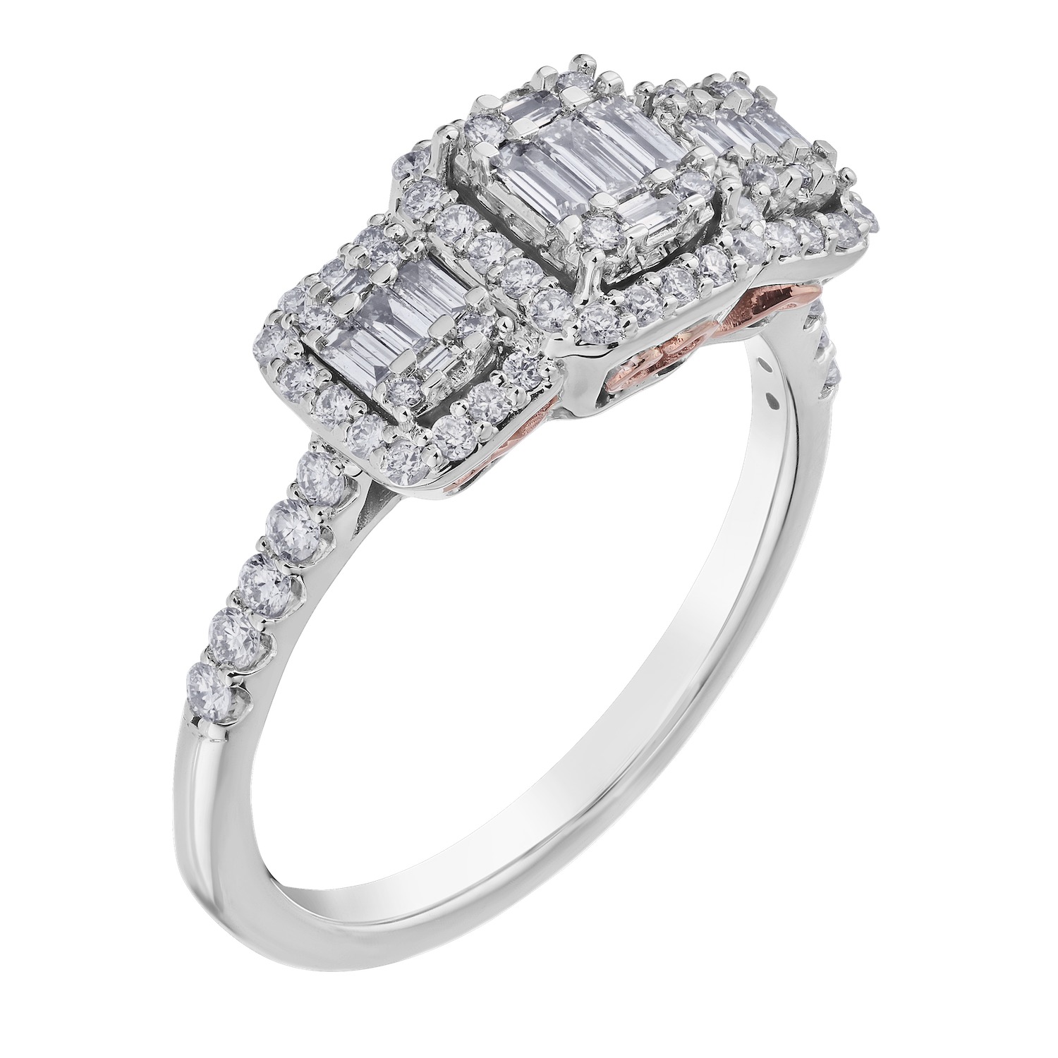 Multiplicity&trade; 14KW White Gold Emerald Shape Three Stone with Halo's Shared Prong Shoulders 0.60 Ctw Diamond