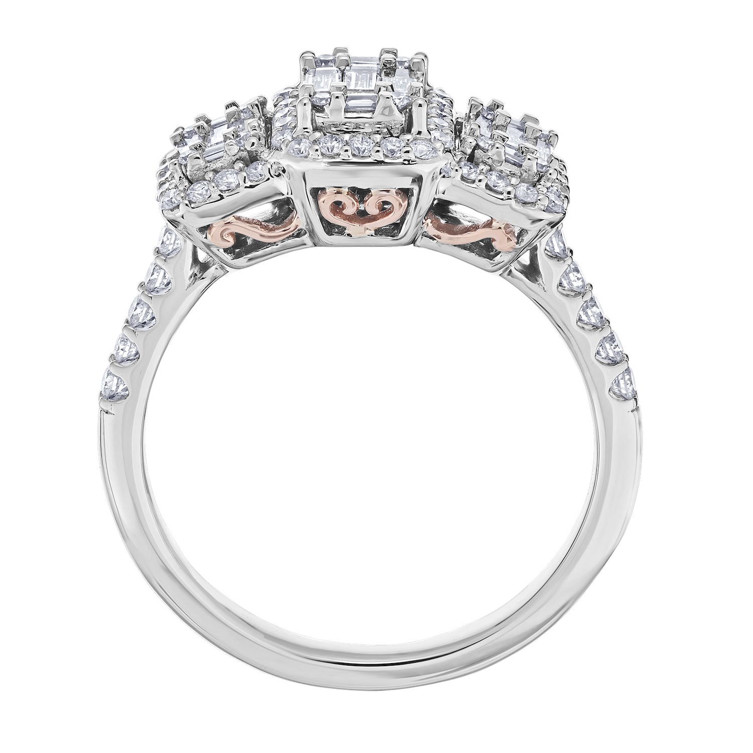 Multiplicity&trade; 14KW White Gold Emerald Shape Three Stone with Halo's Shared Prong Shoulders 0.60 Ctw Diamond