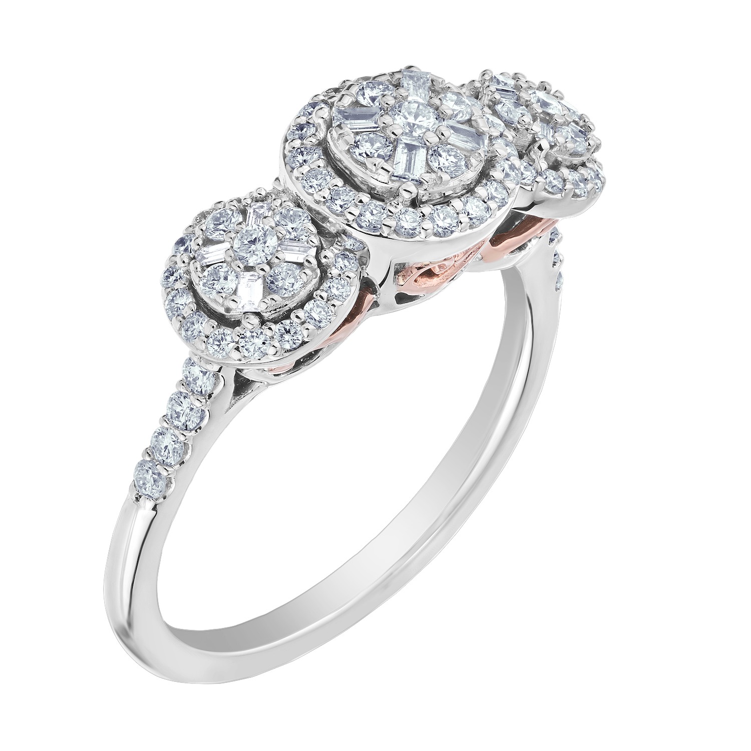 Multiplicity&trade; 14KW White Gold Round Three Stone with Halo's Shared Prong Shoulders 0.10 Ctw Diamond