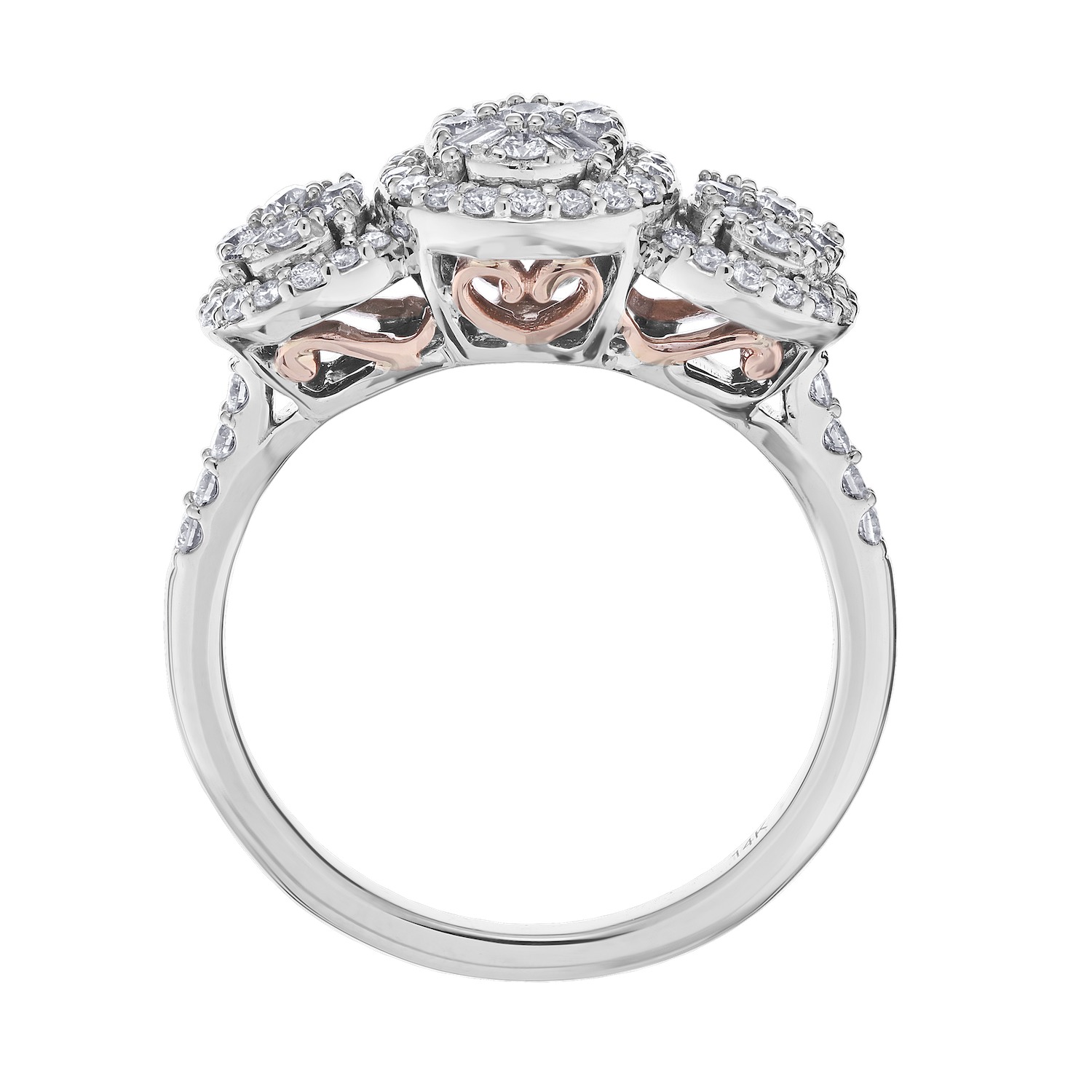 Multiplicity&trade; 14KW White Gold Round Three Stone with Halo's Shared Prong Shoulders 0.10 Ctw Diamond