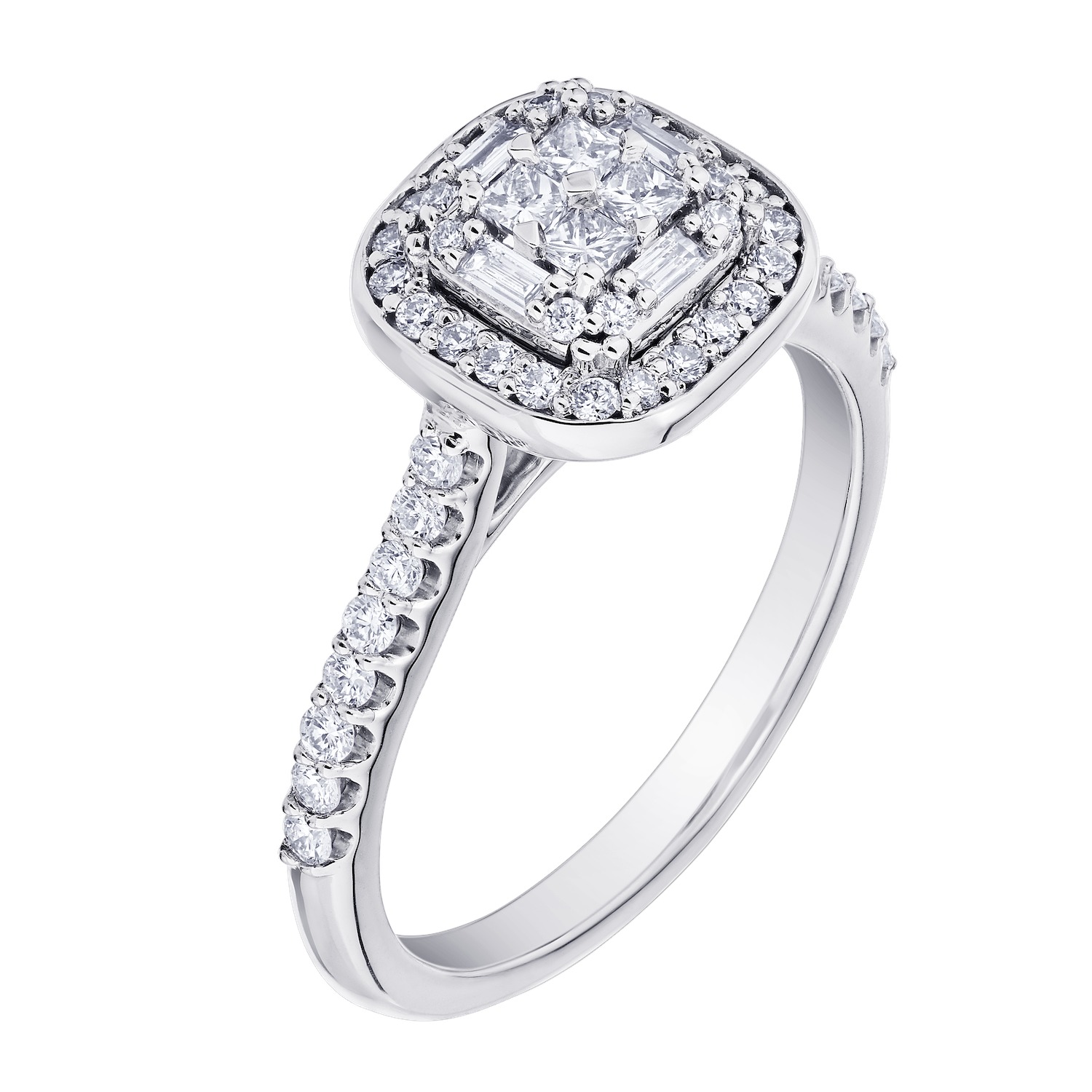 Multiplicity&trade; 14KW White Gold Square Cushion Halo Center Shared Prong Shoulders 0.10 Ctw Diamond