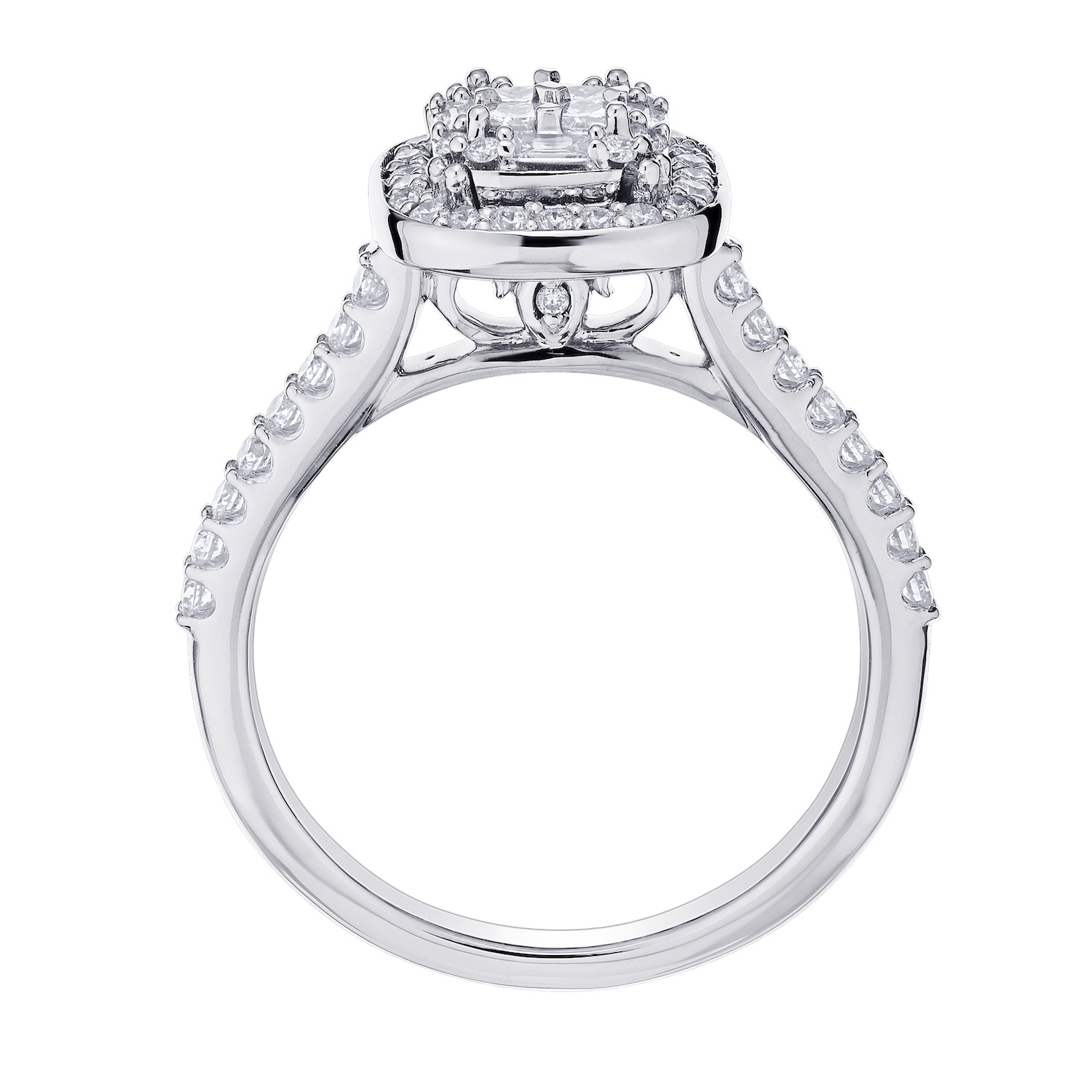 Multiplicity&trade; 14KW White Gold Square Cushion Halo Center Shared Prong Shoulders 0.10 Ctw Diamond