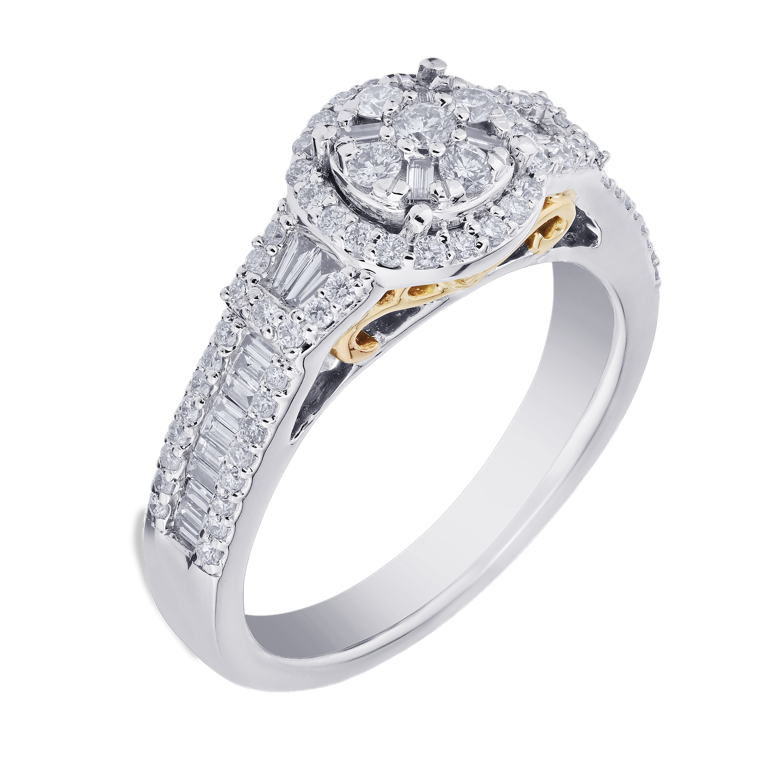 Multiplicity&trade; 14K Two Tone Gold Round Center with Halo Wide Channel Set Shoulders 0.80 Ctw Diamond